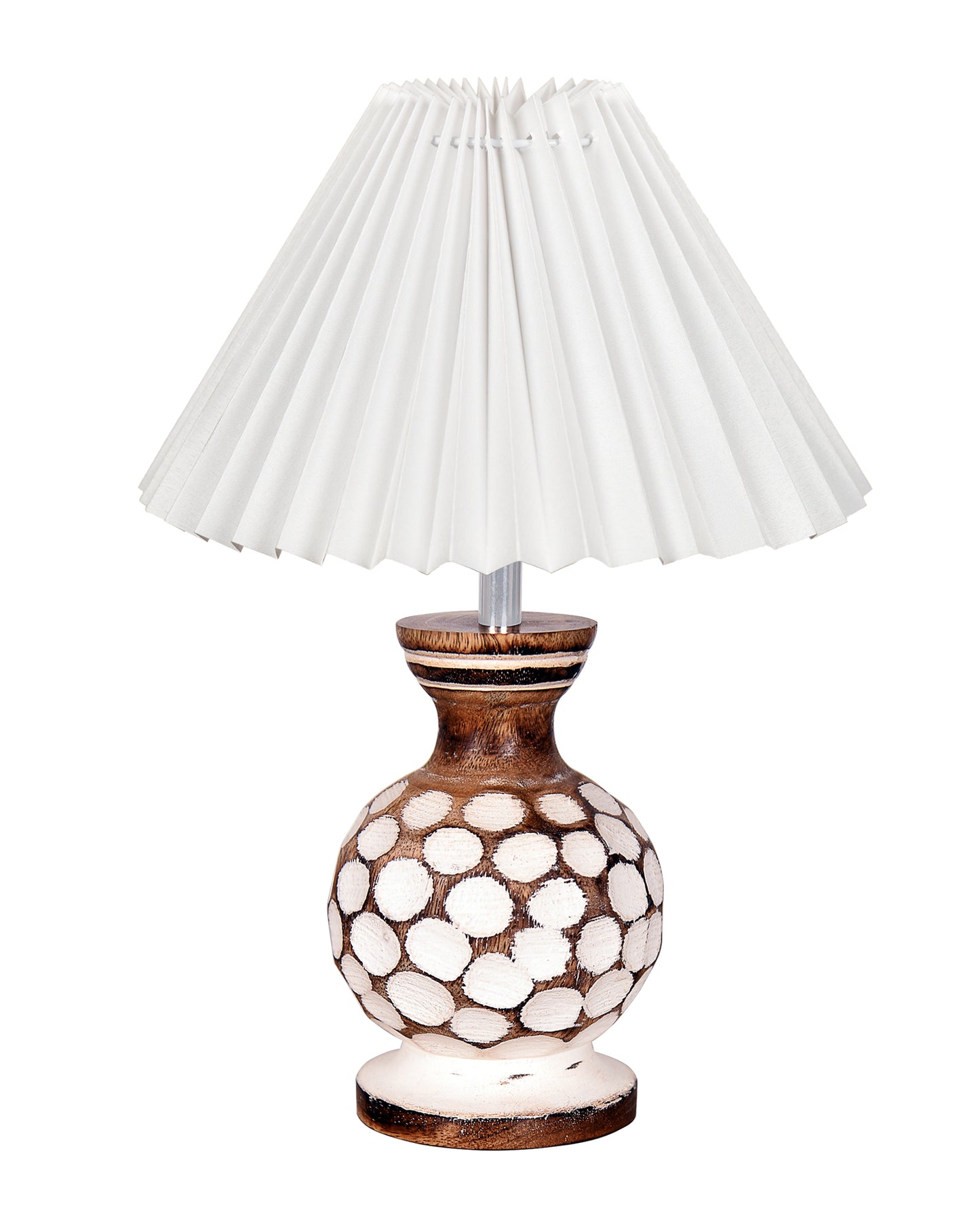 Small Cute Bedside Lamp with Linen Beige Lampshade, Nightstand Lamp for Nursery, Bedroom, Kid Room, Living Room, Light Brown Wooden Base, E27, Carved Ball, Pleated Jute