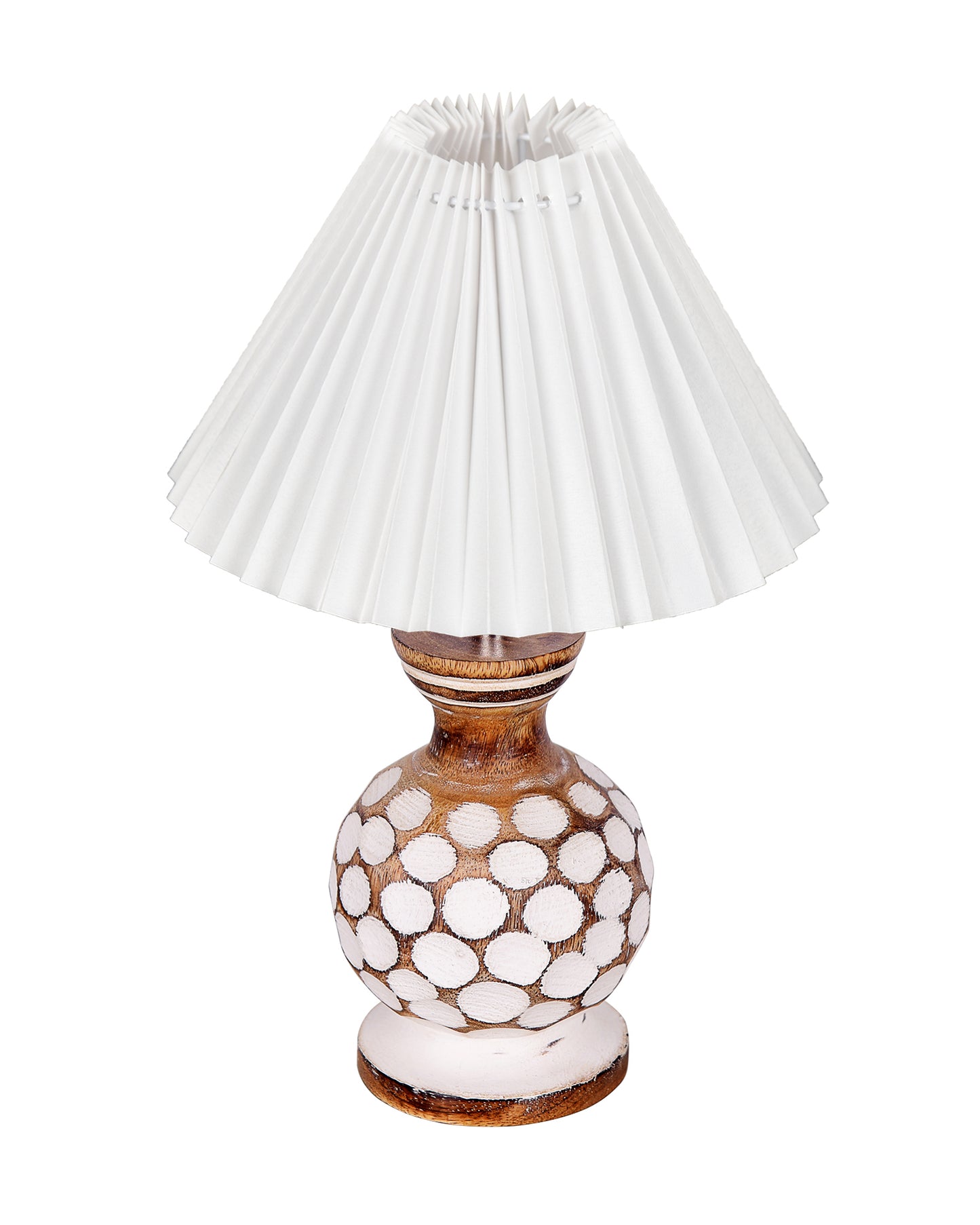 Small Cute Bedside Lamp with Linen Beige Lampshade, Nightstand Lamp for Nursery, Bedroom, Kid Room, Living Room, Light Brown Wooden Base, E27, Carved Ball, Pleated Jute