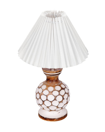 Small Cute Bedside Lamp with Linen Beige Lampshade, Nightstand Lamp for Nursery, Bedroom, Kid Room, Living Room, Light Brown Wooden Base, E27, Carved Ball, Pleated Jute