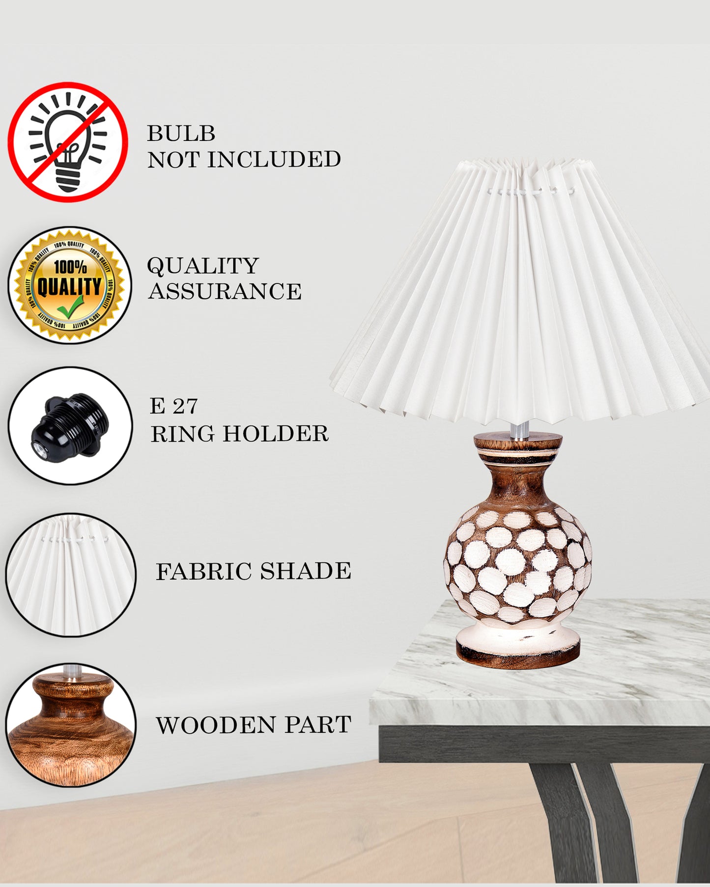 Small Cute Bedside Lamp with Linen Beige Lampshade, Nightstand Lamp for Nursery, Bedroom, Kid Room, Living Room, Light Brown Wooden Base, E27, Carved Ball, Pleated Jute