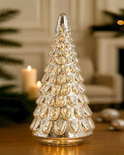 Mercury Glass Christmas Tree Xmas Trees Decorations Table Top Light Centerpiece Mantel Window Home Decor Bathroom Party Gift with Fairy Light,