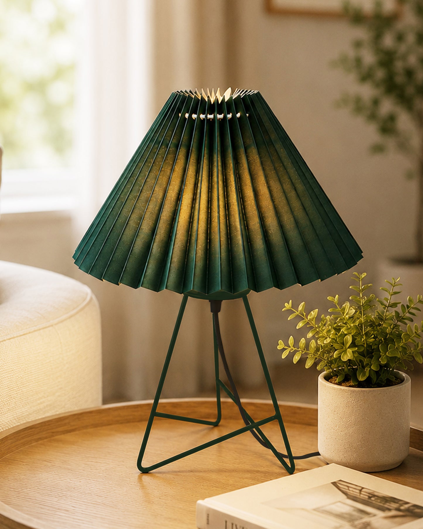 Homesake® Nordic Pleated Table Lamp with Metal Wire Tripod Base | Modern Fabric Bedside Table Lamp, E27 Holder, Decorative Desk Light for Bedroom, Living Room, Study, Office & Home Décor