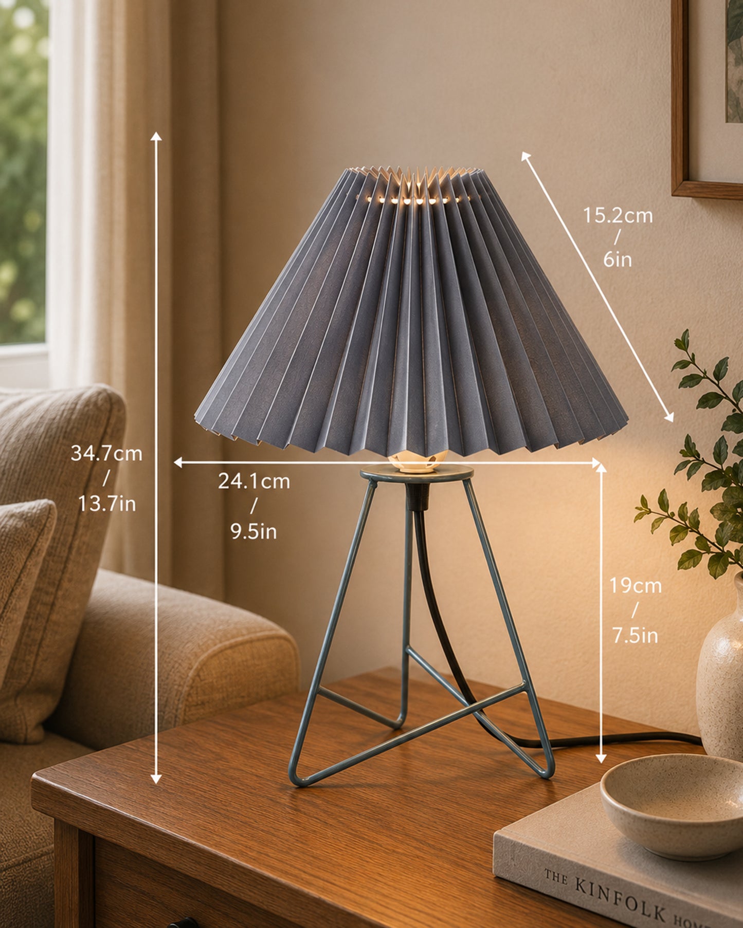 Homesake® Nordic Pleated Table Lamp with Metal Wire Tripod Base | Modern Fabric Bedside Table Lamp, E27 Holder, Decorative Desk Light for Bedroom, Living Room, Study, Office & Home Décor