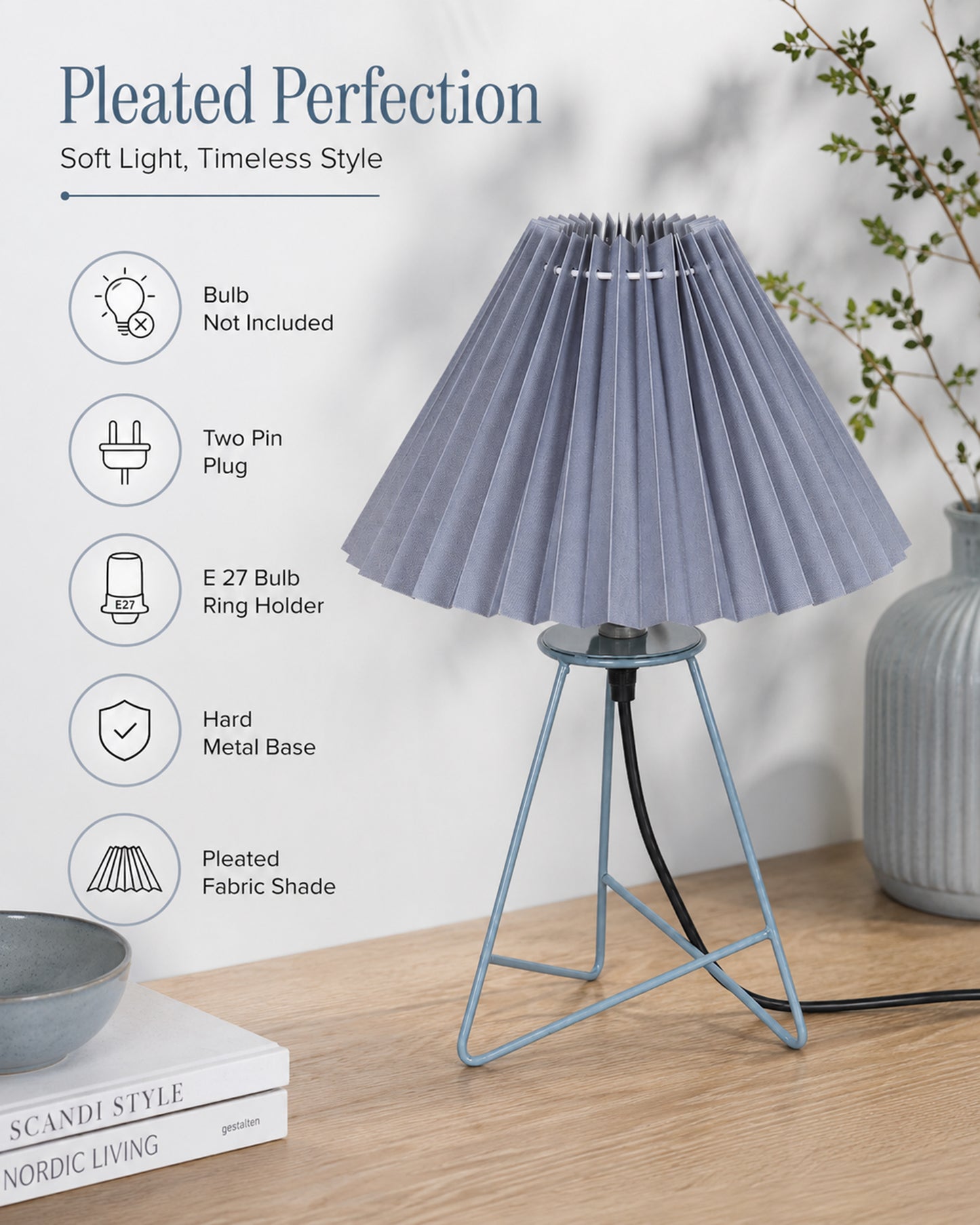 Homesake® Nordic Pleated Table Lamp with Metal Wire Tripod Base | Modern Fabric Bedside Table Lamp, E27 Holder, Decorative Desk Light for Bedroom, Living Room, Study, Office & Home Décor
