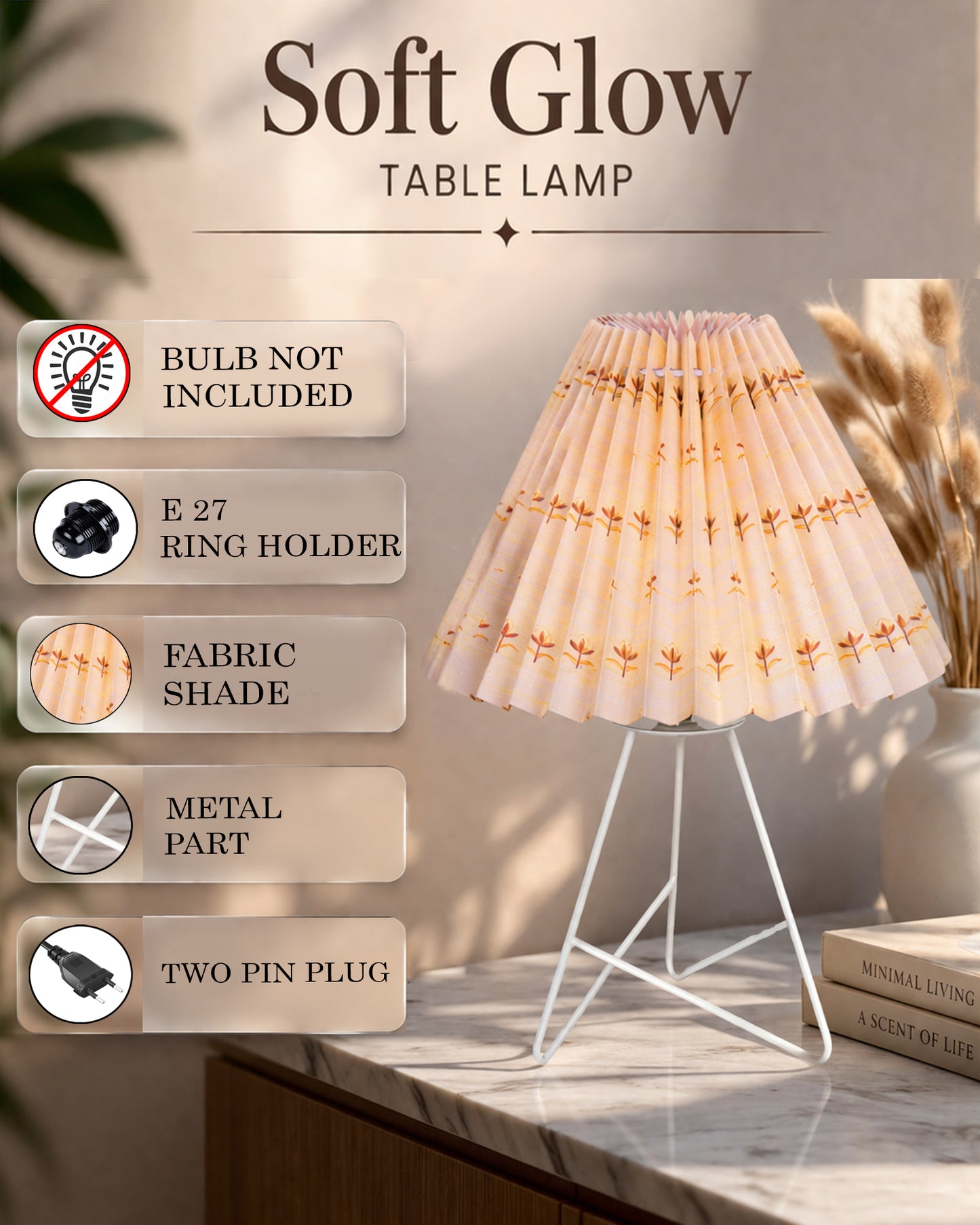 Retro Down to the Wire Metal Table Lamp with Fabric Shade, Bedside Lamp Gift Housewarming Home Living Room, Pleated shade