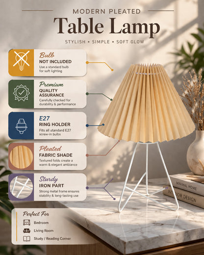 Retro Down to the Wire Metal Table Lamp with Fabric Shade, Bedside Lamp Gift Housewarming Home Living Room, Pleated shade