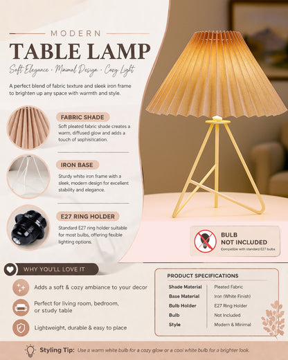 Retro Down to the Wire Metal Table Lamp with Fabric Shade, Bedside Lamp Gift Housewarming Home Living Room, Pleated shade