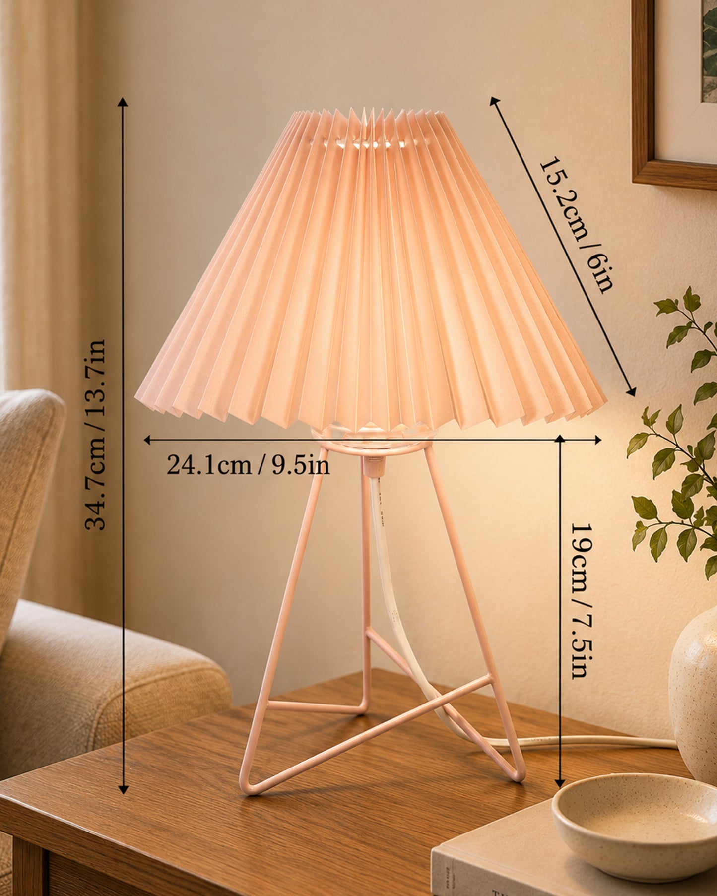Homesake® Nordic Pleated Table Lamp with Metal Wire Tripod Base | Modern Fabric Bedside Table Lamp, E27 Holder, Decorative Desk Light for Bedroom, Living Room, Study, Office & Home Décor