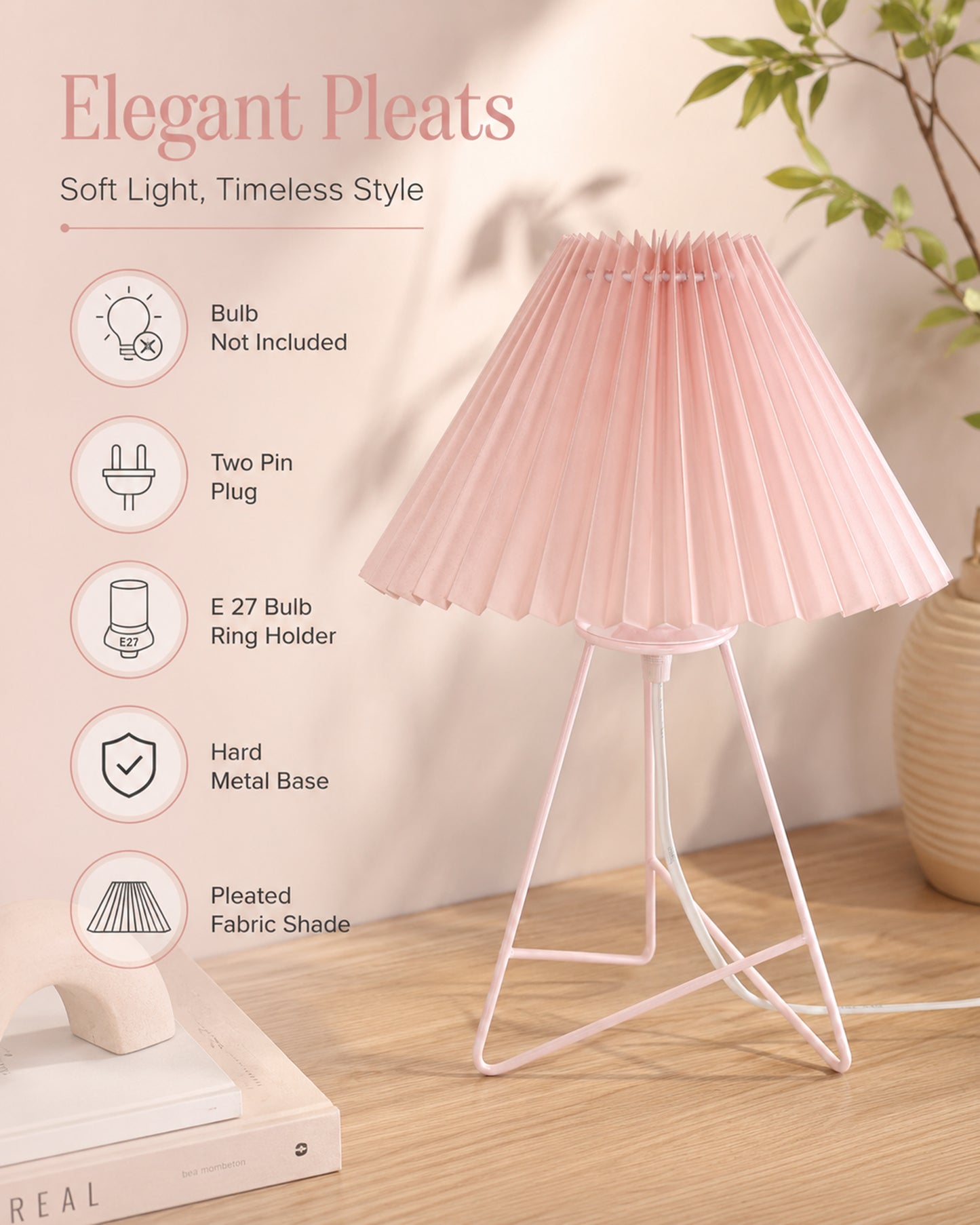Homesake® Nordic Pleated Table Lamp with Metal Wire Tripod Base | Modern Fabric Bedside Table Lamp, E27 Holder, Decorative Desk Light for Bedroom, Living Room, Study, Office & Home Décor