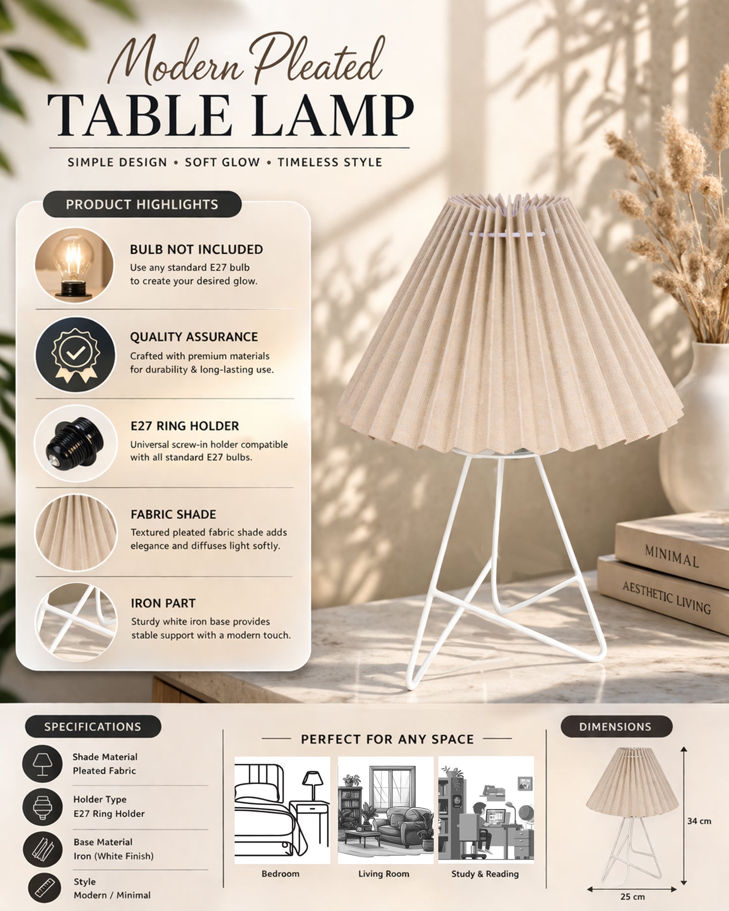 Retro Down to the Wire Metal Table Lamp with Fabric Shade, Bedside Lamp Gift Housewarming Home Living Room, Pleated shade