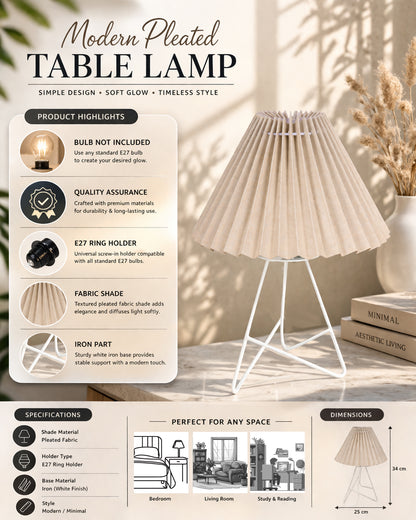 Retro Down to the Wire Metal Table Lamp with Fabric Shade, Bedside Lamp Gift Housewarming Home Living Room, Pleated shade