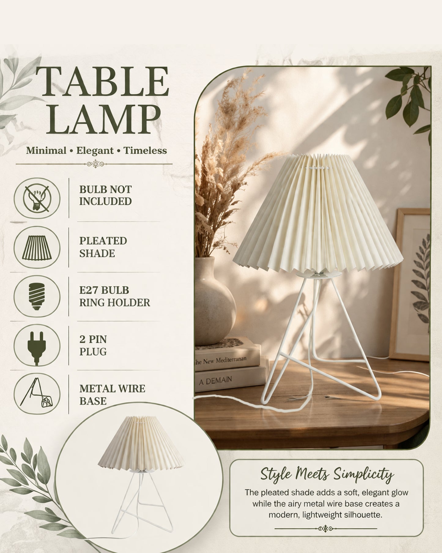 Retro Down to the Wire Metal Table Lamp with Fabric Shade, Bedside Lamp Gift Housewarming Home Living Room, Pleated shade