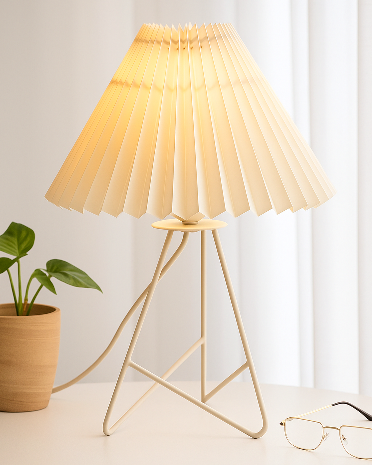 Retro Down to the Wire Metal Table Lamp with Fabric Shade, Bedside Lamp Gift Housewarming Home Living Room, White Pleated shade