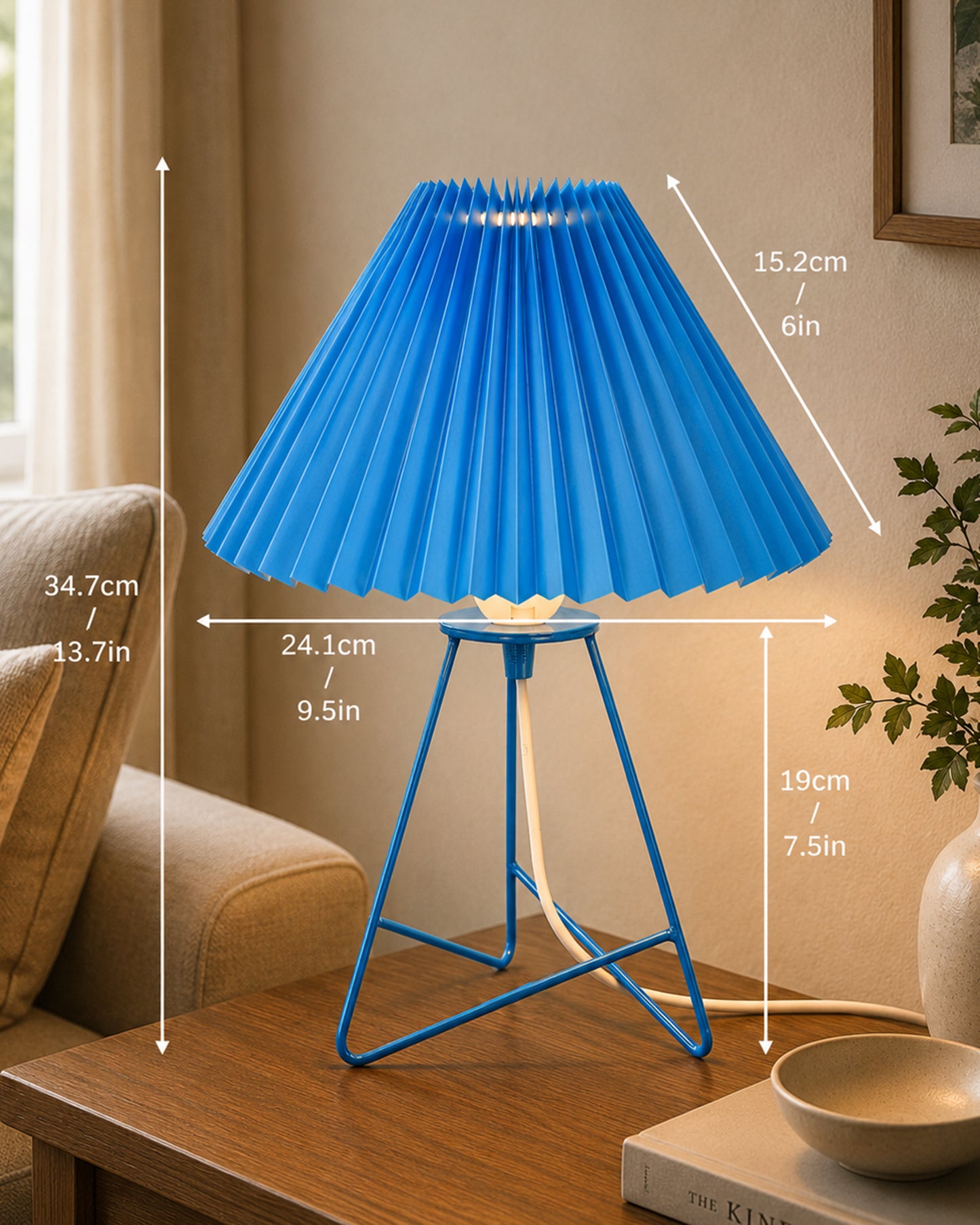 Homesake® Nordic Pleated Table Lamp with Metal Wire Tripod Base | Modern Fabric Bedside Table Lamp, E27 Holder, Decorative Desk Light for Bedroom, Living Room, Study, Office & Home Décor
