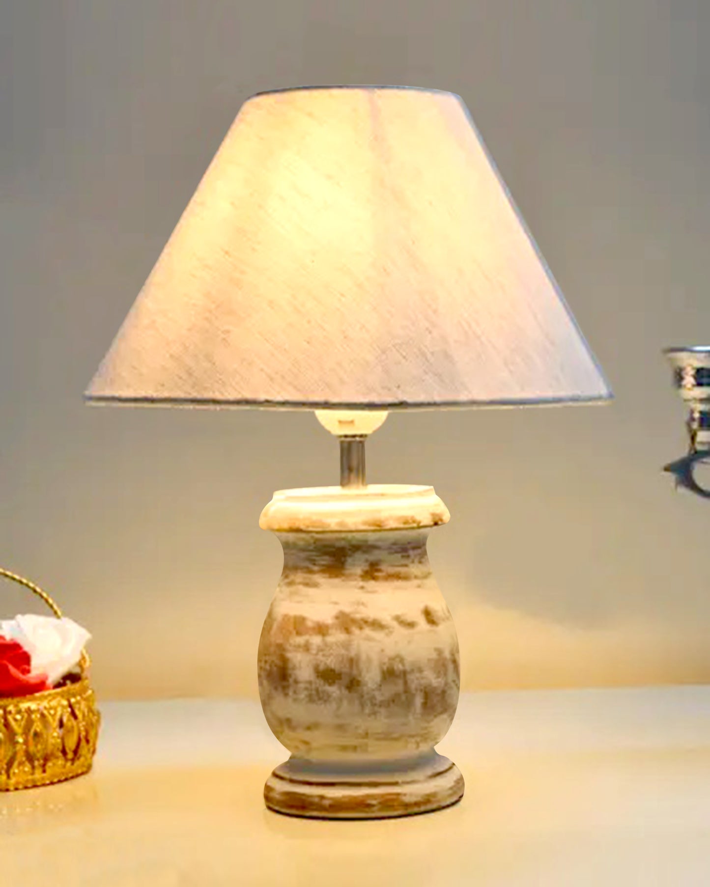 Rustic Wooden Coolie Pot Table Lamp Dome Vintage Small Lamps Whitewash Decorative for Small Spaces Bedside Lamps Suitable for Nightstand Children's Room or University Dormitory, Jute Shade