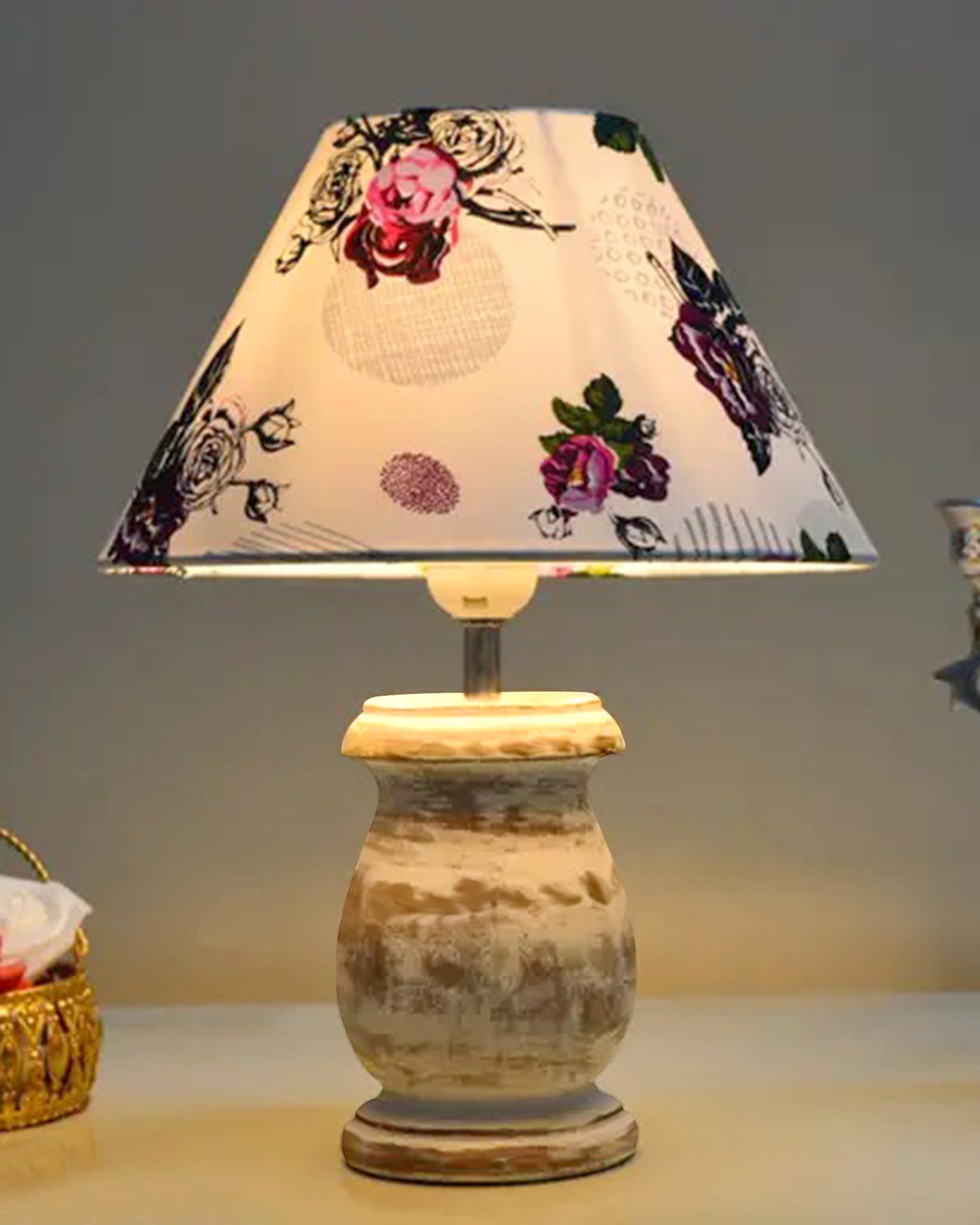 Rustic Wooden Coolie Pot Table Lamp Dome Vintage Small Lamps Whitewash Decorative for Small Spaces Bedside Lamps Suitable for Nightstand Children's Room or University Dormitory, Jute Shade