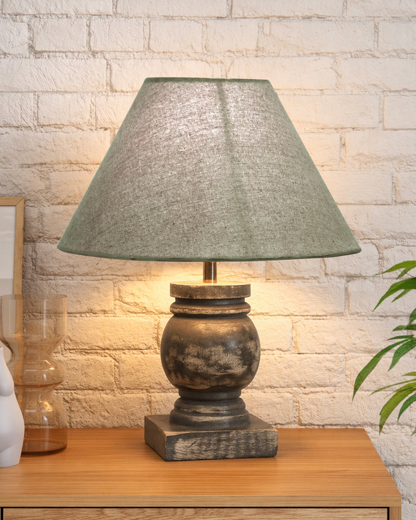 Small Table Lamp for Bedroom Green Distress Living Room Simple Retro Wood Grain Farmhouse Bedside Lamps Suitable for Nightstand, Gift, Trophy, Jute Shade