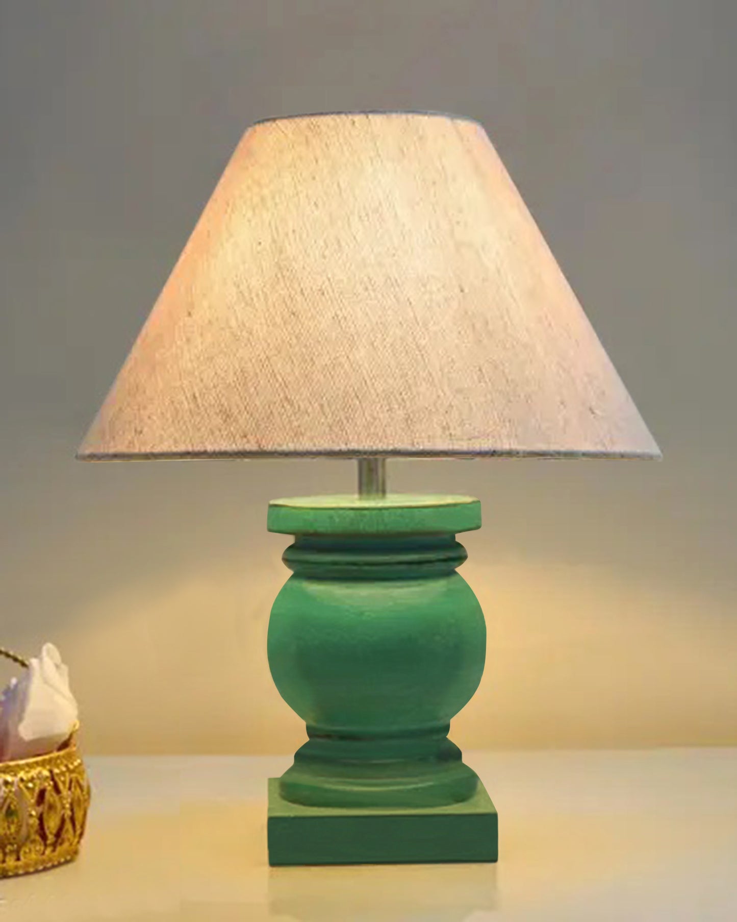 Small Table Lamp for Bedroom Green Distress Living Room Simple Retro Wood Grain Farmhouse Bedside Lamps Suitable for Nightstand, Gift, Trophy, Jute Shade