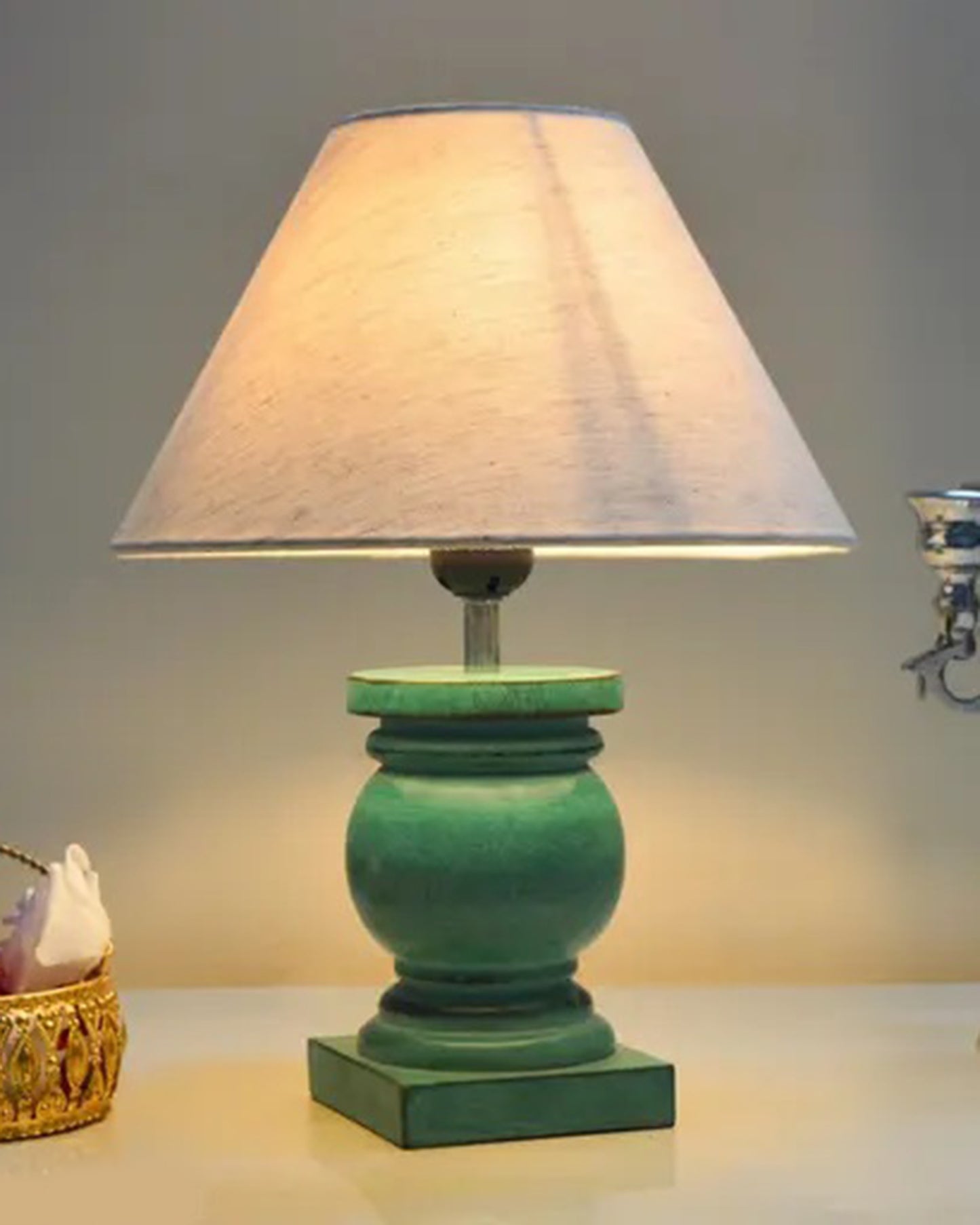 Small Table Lamp for Bedroom Green Distress Living Room Simple Retro Wood Grain Farmhouse Bedside Lamps Suitable for Nightstand, Gift, Trophy, Jute Shade
