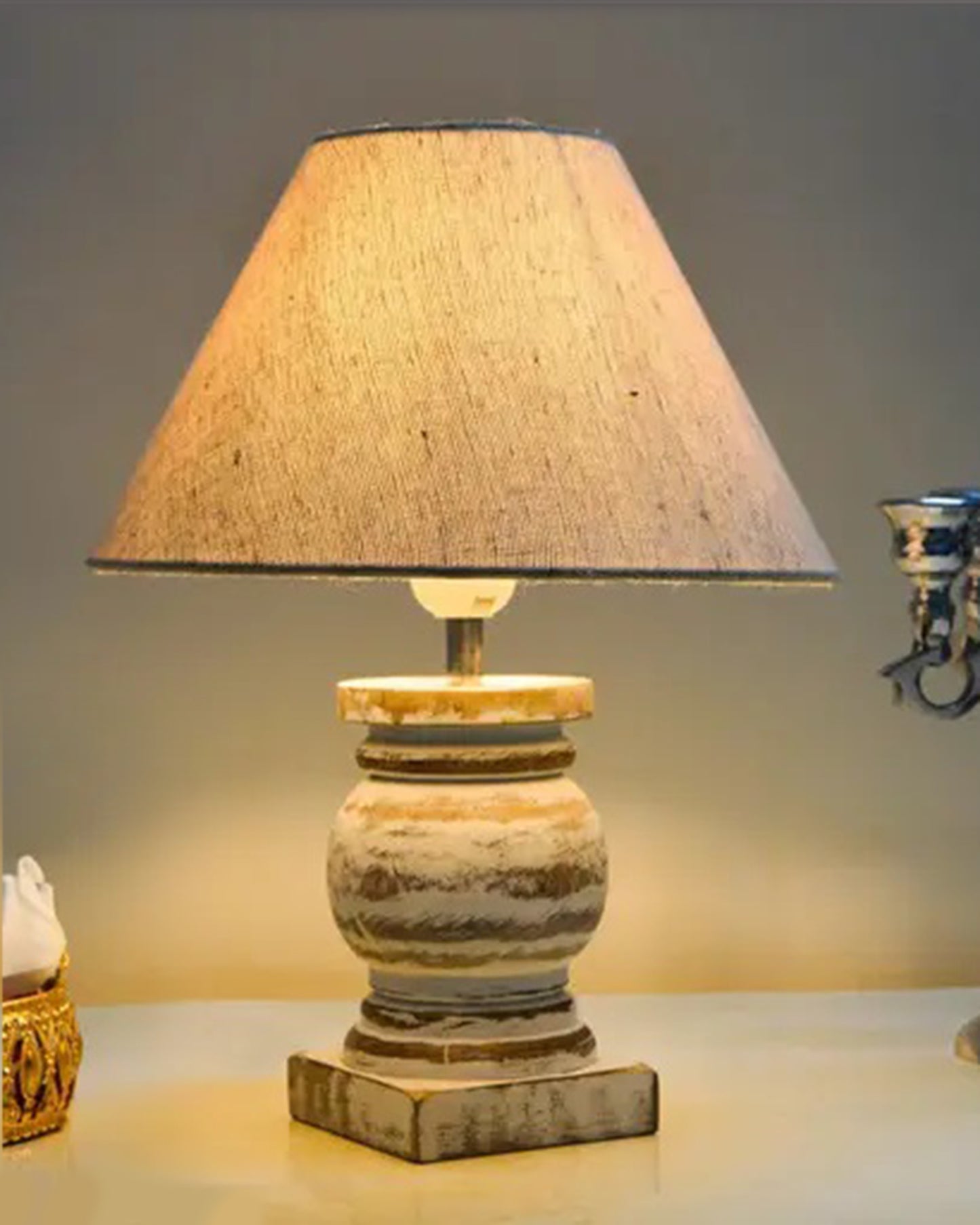 Small Table Lamp for Bedroom Whitewash Distress Living Room Simple Retro Wood Grain Farmhouse Bedside Lamps Suitable for Nightstand, Gift, Trophy, Jute Shade
