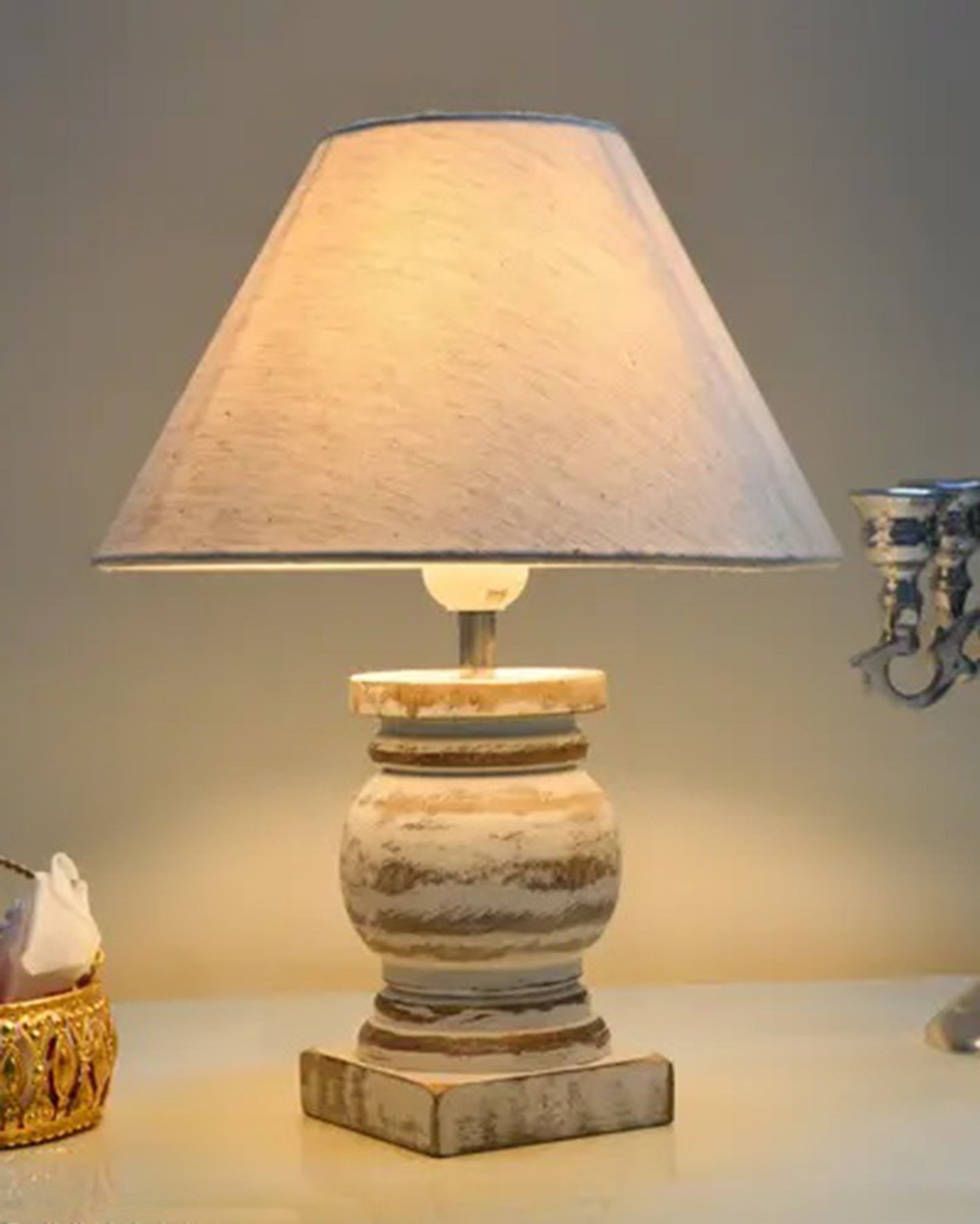 Small Table Lamp for Bedroom Whitewash Distress Living Room Simple Retro Wood Grain Farmhouse Bedside Lamps Suitable for Nightstand, Gift, Trophy, Jute Shade