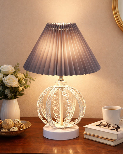 Modern Round Small Crystal Table Lamp,Contemporary Bedroom Bedside Nightstand Lamp,Desk Globe Lamp for Living Room Girls Kids Room, Sphere, Grey Pleated