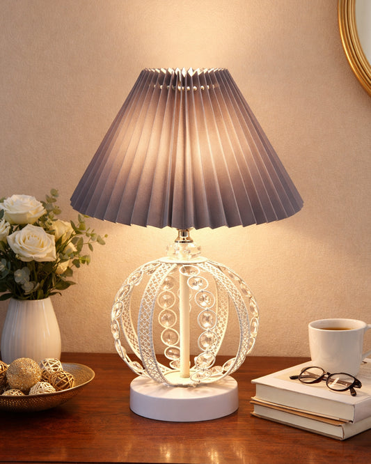 Modern Round Small Crystal Table Lamp,Contemporary Bedroom Bedside Nightstand Lamp,Desk Globe Lamp for Living Room Girls Kids Room, Sphere, Grey Pleated
