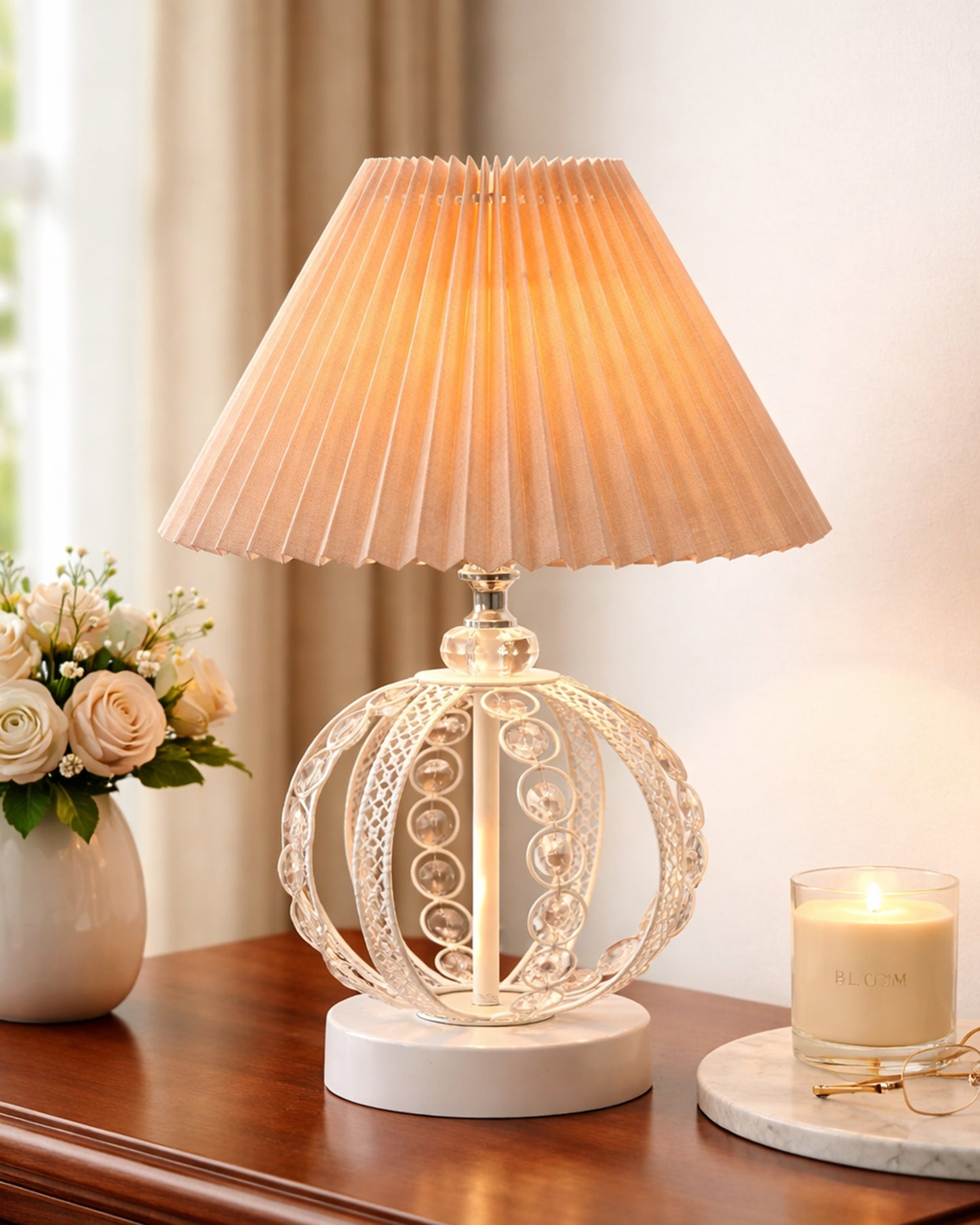 Modern Round Small Crystal Table Lamp,Contemporary Bedroom Bedside Nightstand Lamp,Desk Globe Lamp for Living Room Girls Kids Room, Sphere, Grey Pleated