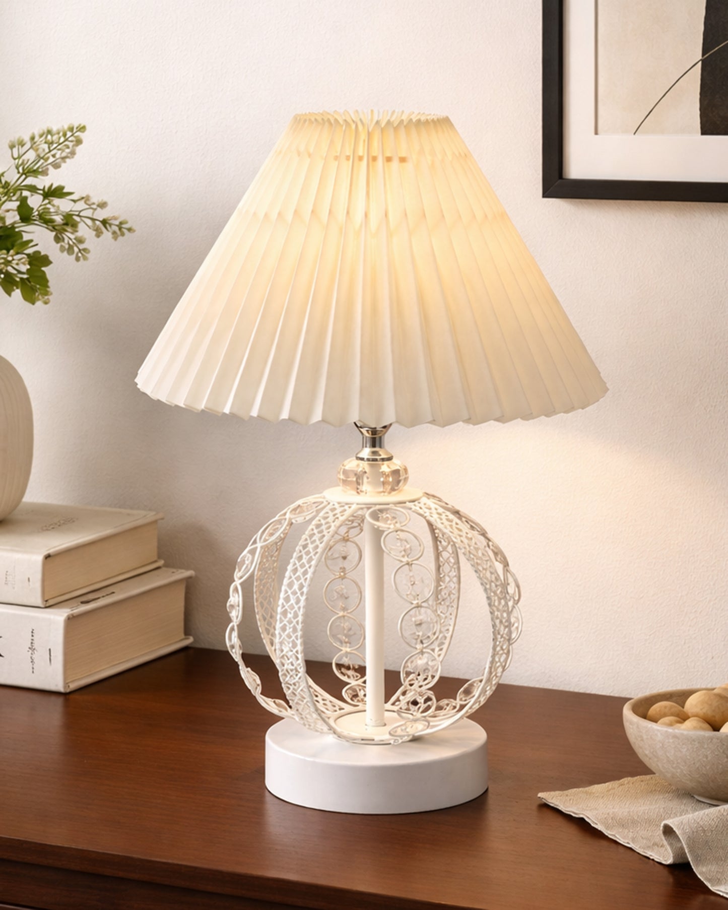 Modern Round Small Crystal Table Lamp,Contemporary Bedroom Bedside Nightstand Lamp,Desk Globe Lamp for Living Room Girls Kids Room, Sphere, Grey Pleated