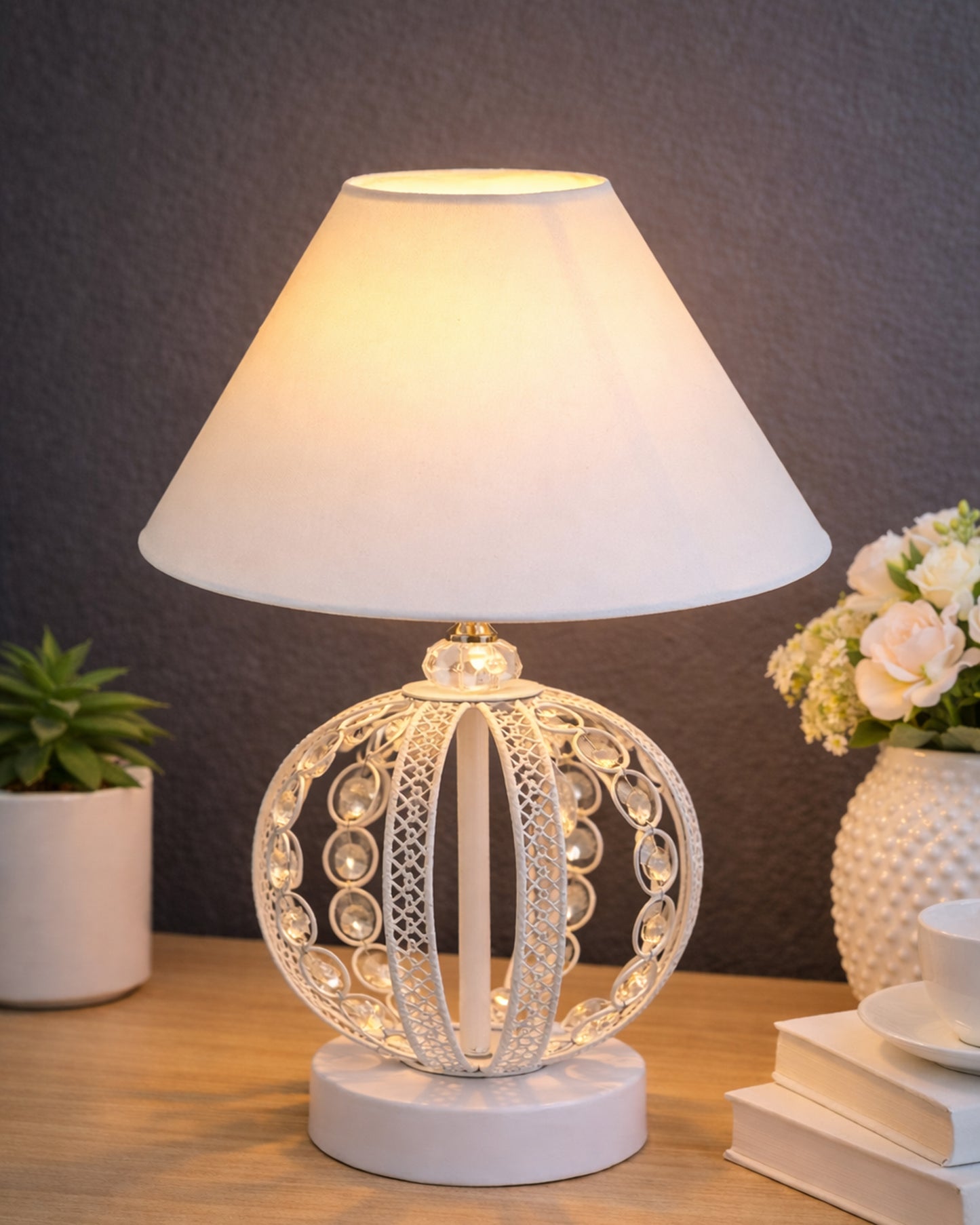 Modern Round Small Crystal Table Lamp,Contemporary Bedroom Bedside Nightstand Lamp,Desk Globe Lamp for Living Room Girls Kids Room, Sphere, White Pleated