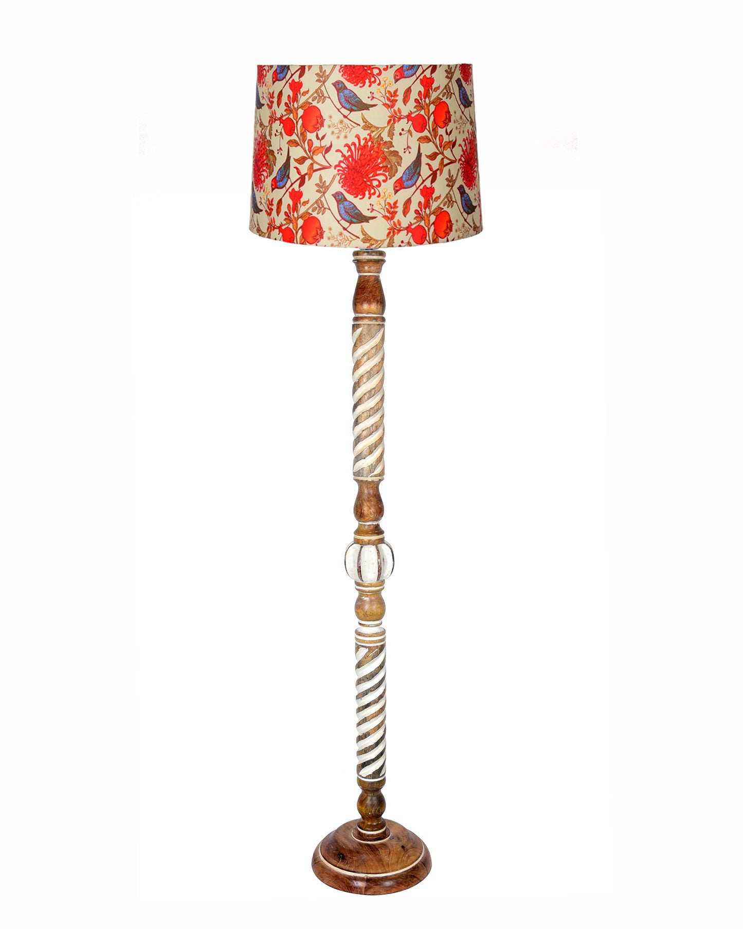 Rustic Wood Floor Lamp in Walnut Brown with Multicolor Fabric Lamp Shade | Light Decoration for Home Corner | Living Room & Bedroom Bedside Floor Lamp, Antique Floor Light, Twisted Ropes, Bird