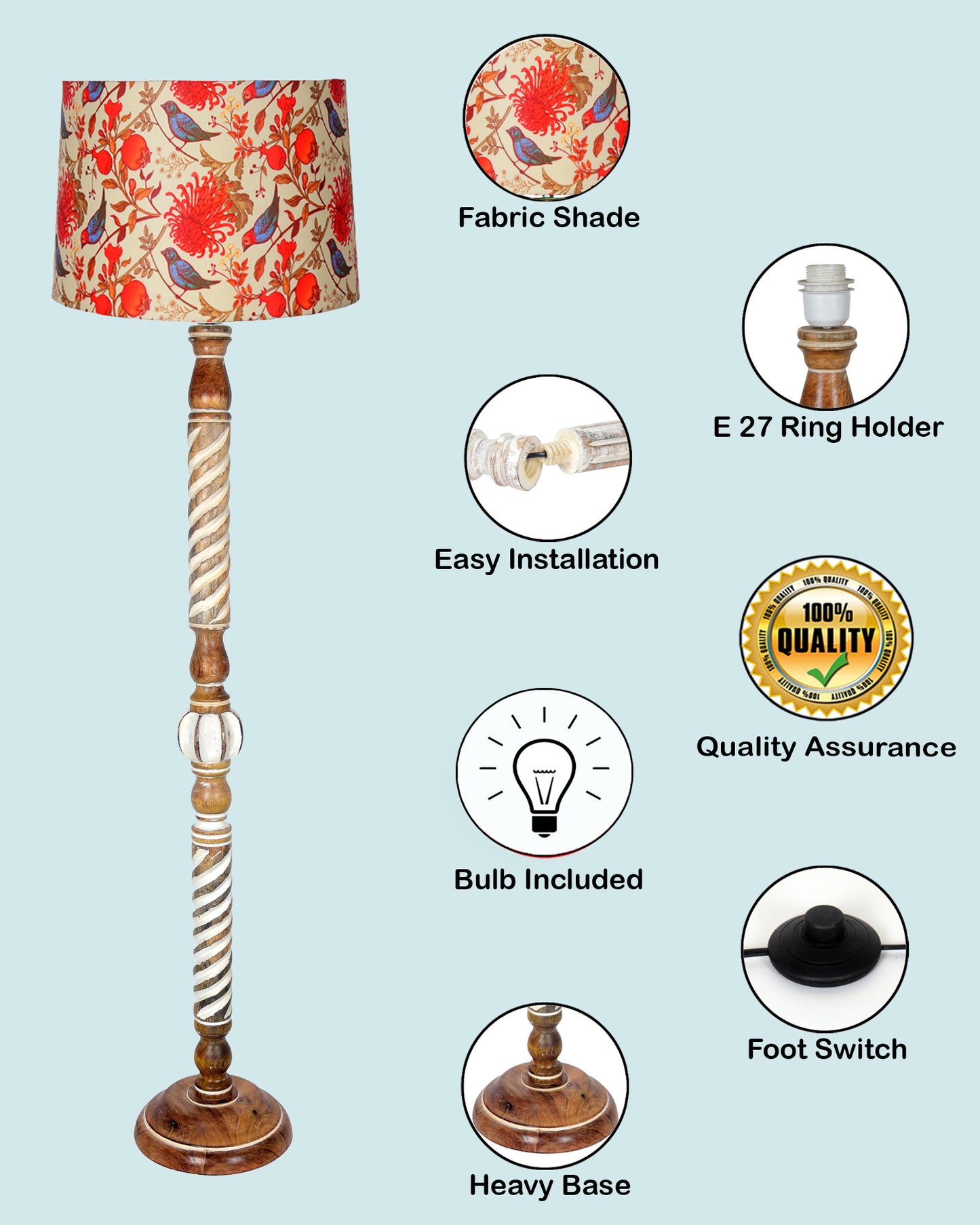 Rustic Wood Floor Lamp in Walnut Brown with Multicolor Fabric Lamp Shade | Light Decoration for Home Corner | Living Room & Bedroom Bedside Floor Lamp, Antique Floor Light, Twisted Ropes, Bird