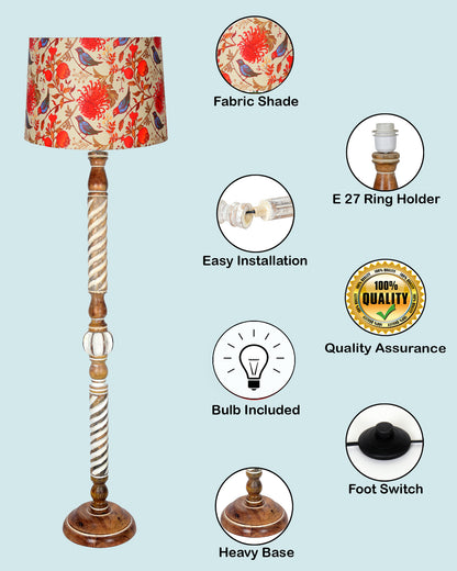 Rustic Wood Floor Lamp in Walnut Brown with Multicolor Fabric Lamp Shade | Light Decoration for Home Corner | Living Room & Bedroom Bedside Floor Lamp, Antique Floor Light, Twisted Ropes, Bird