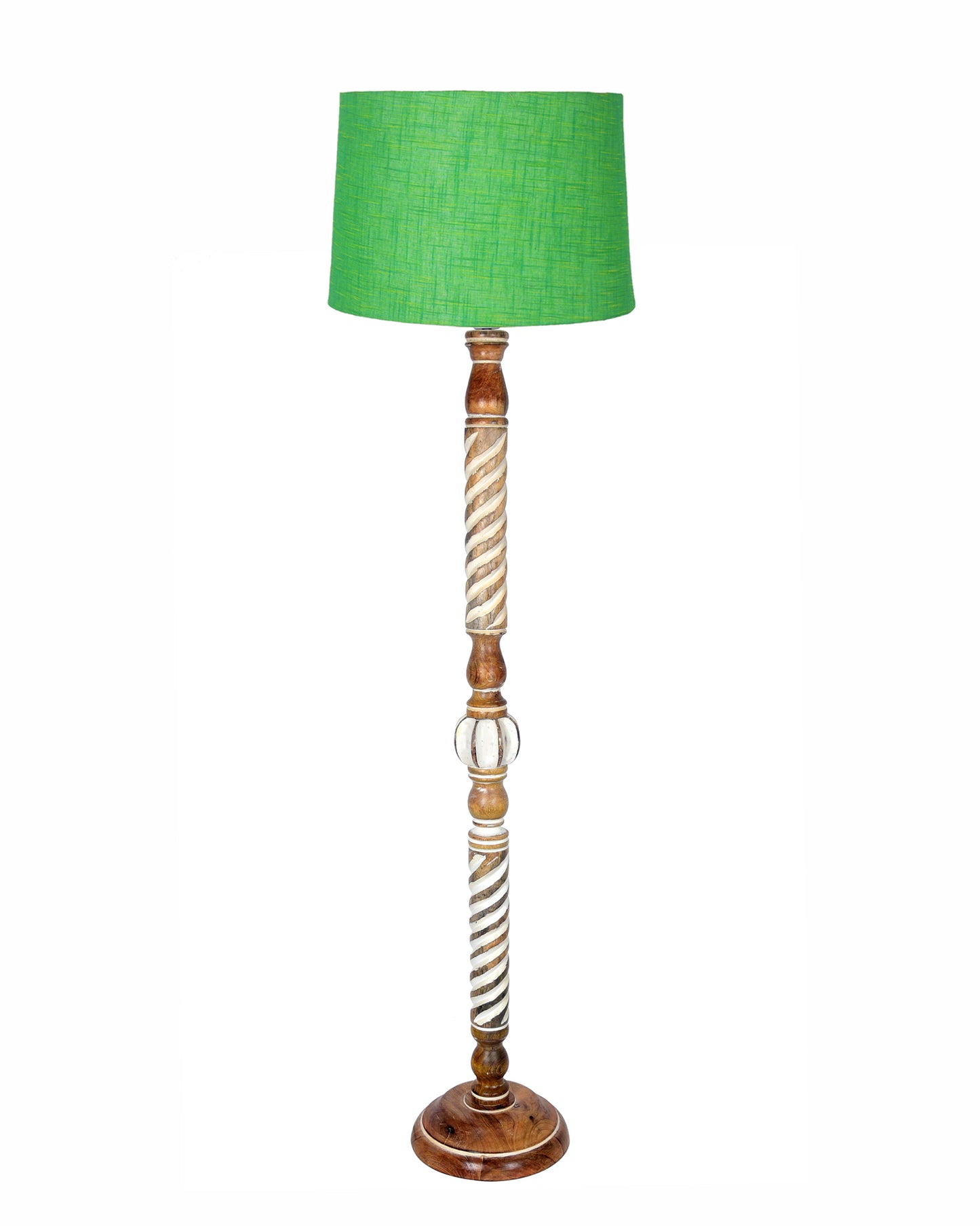 Rustic Wood Floor Lamp in Walnut Brown with Multicolor Fabric Lamp Shade | Light Decoration for Home Corner | Living Room & Bedroom Bedside Floor Lamp, Antique Floor Light, Twisted Ropes, Bird