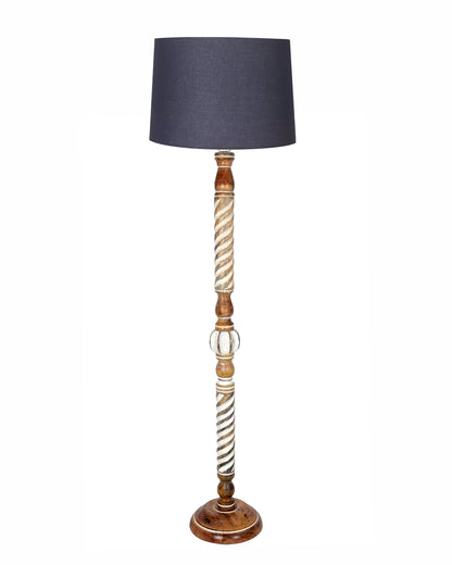 Rustic Wood Floor Lamp in Walnut Brown with Multicolor Fabric Lamp Shade | Light Decoration for Home Corner | Living Room & Bedroom Bedside Floor Lamp, Antique Floor Light, Twisted Ropes, Bird