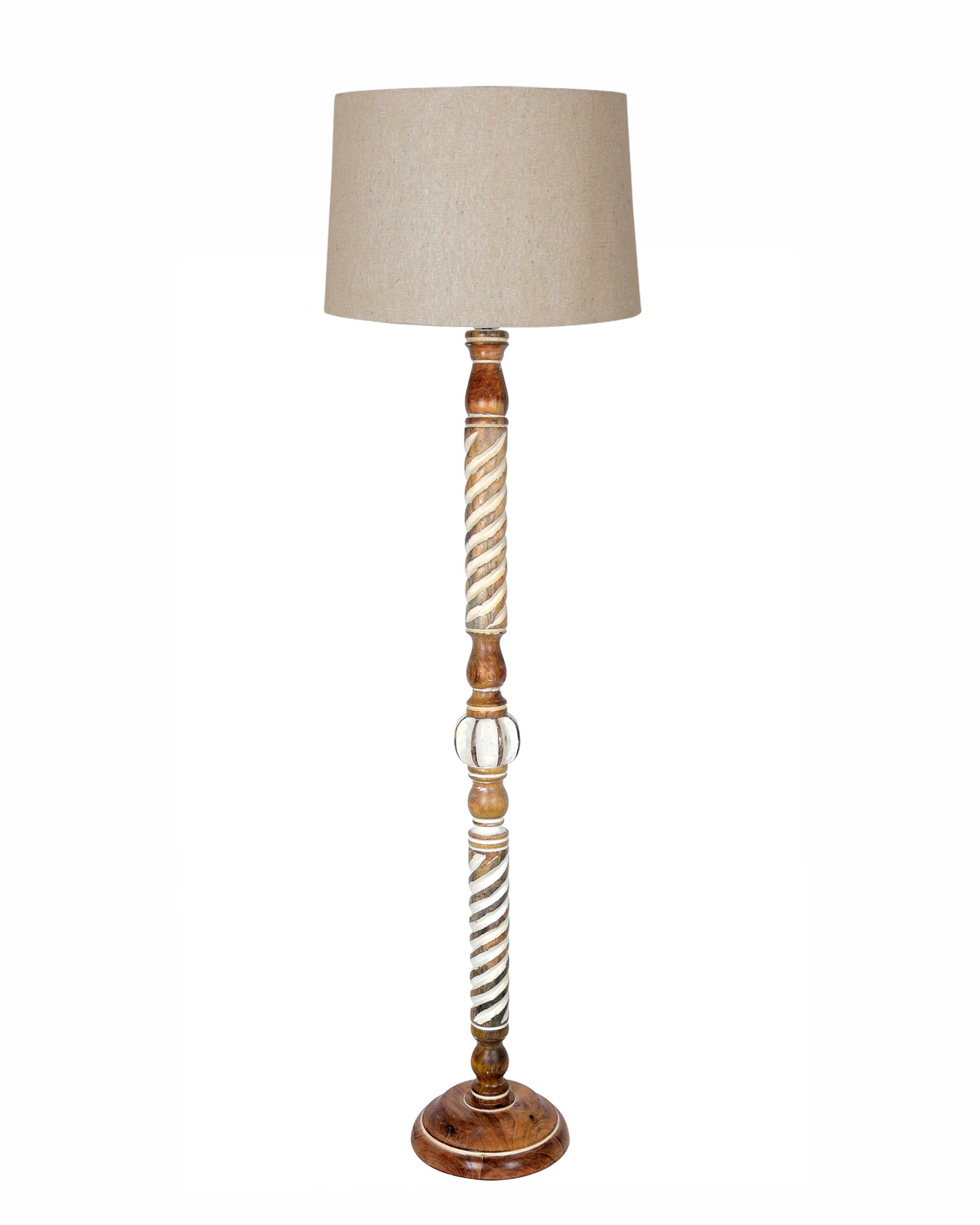 Rustic Wood Floor Lamp in Walnut Brown with Multicolor Fabric Lamp Shade | Light Decoration for Home Corner | Living Room & Bedroom Bedside Floor Lamp, Antique Floor Light, Twisted Ropes, Bird