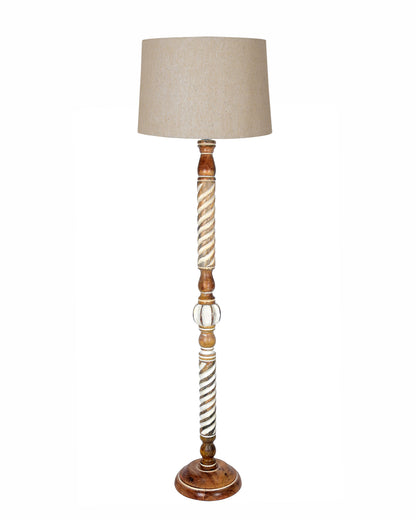 Rustic Wood Floor Lamp in Walnut Brown with Multicolor Fabric Lamp Shade | Light Decoration for Home Corner | Living Room & Bedroom Bedside Floor Lamp, Antique Floor Light, Twisted Ropes, Bird