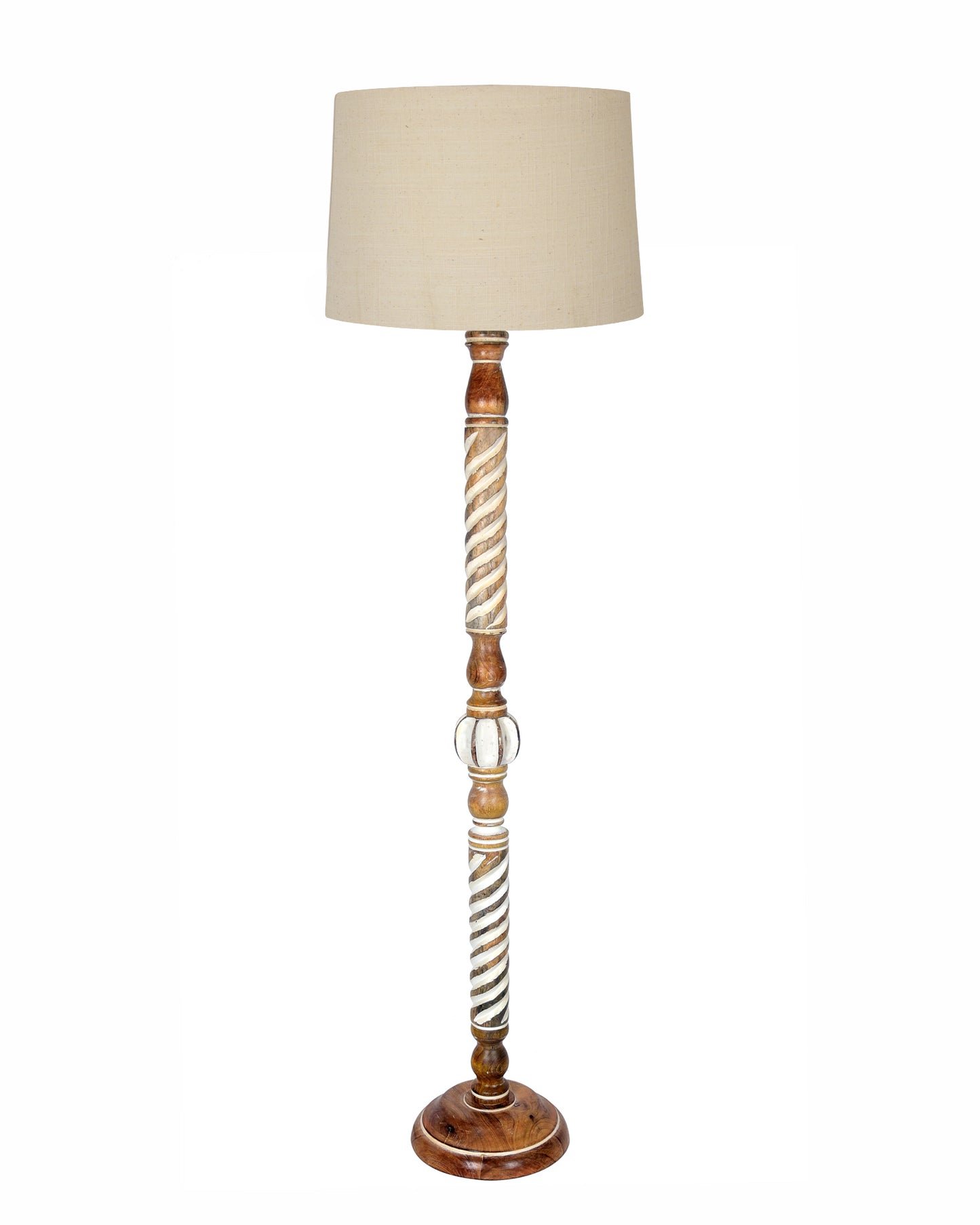 Rustic Wood Floor Lamp in Walnut Brown with Multicolor Fabric Lamp Shade | Light Decoration for Home Corner | Living Room & Bedroom Bedside Floor Lamp, Antique Floor Light, Twisted Ropes, Bird