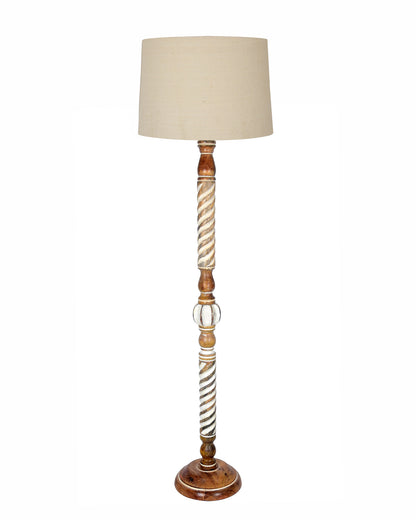 Rustic Wood Floor Lamp in Walnut Brown with Multicolor Fabric Lamp Shade | Light Decoration for Home Corner | Living Room & Bedroom Bedside Floor Lamp, Antique Floor Light, Twisted Ropes, Bird