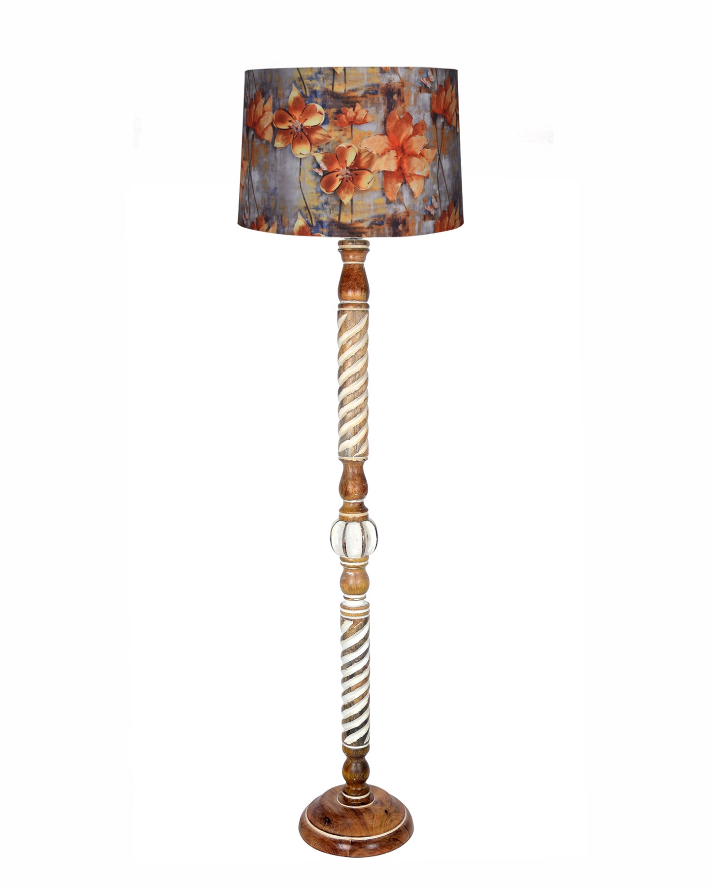 Rustic Wood Floor Lamp in Walnut Brown with Multicolor Fabric Lamp Shade | Light Decoration for Home Corner | Living Room & Bedroom Bedside Floor Lamp, Antique Floor Light, Twisted Ropes, Bird