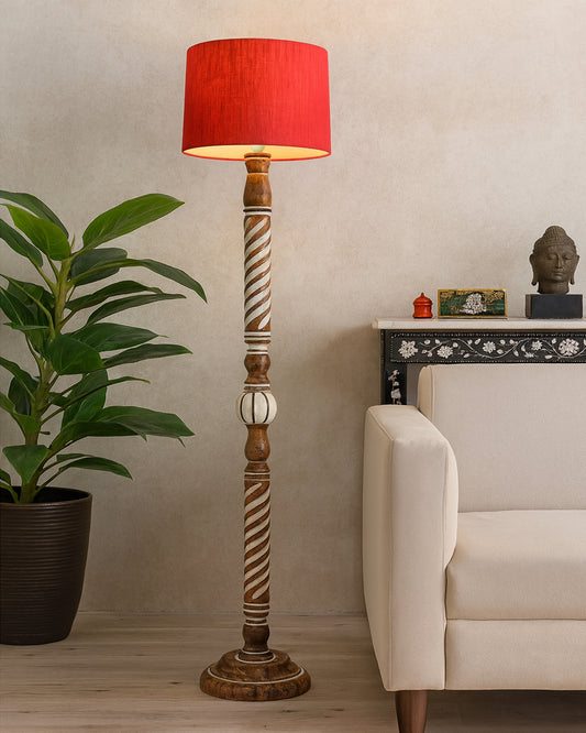 Rustic Wood Floor Lamp in Walnut Brown with Multicolor Fabric Lamp Shade | Light Decoration for Home Corner | Living Room & Bedroom Bedside Floor Lamp, Antique Floor Light, Twisted Ropes, Bird