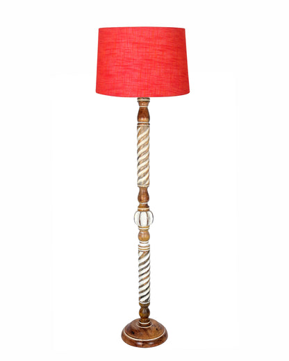 Rustic Wood Floor Lamp in Walnut Brown with Multicolor Fabric Lamp Shade | Light Decoration for Home Corner | Living Room & Bedroom Bedside Floor Lamp, Antique Floor Light, Twisted Ropes, Bird