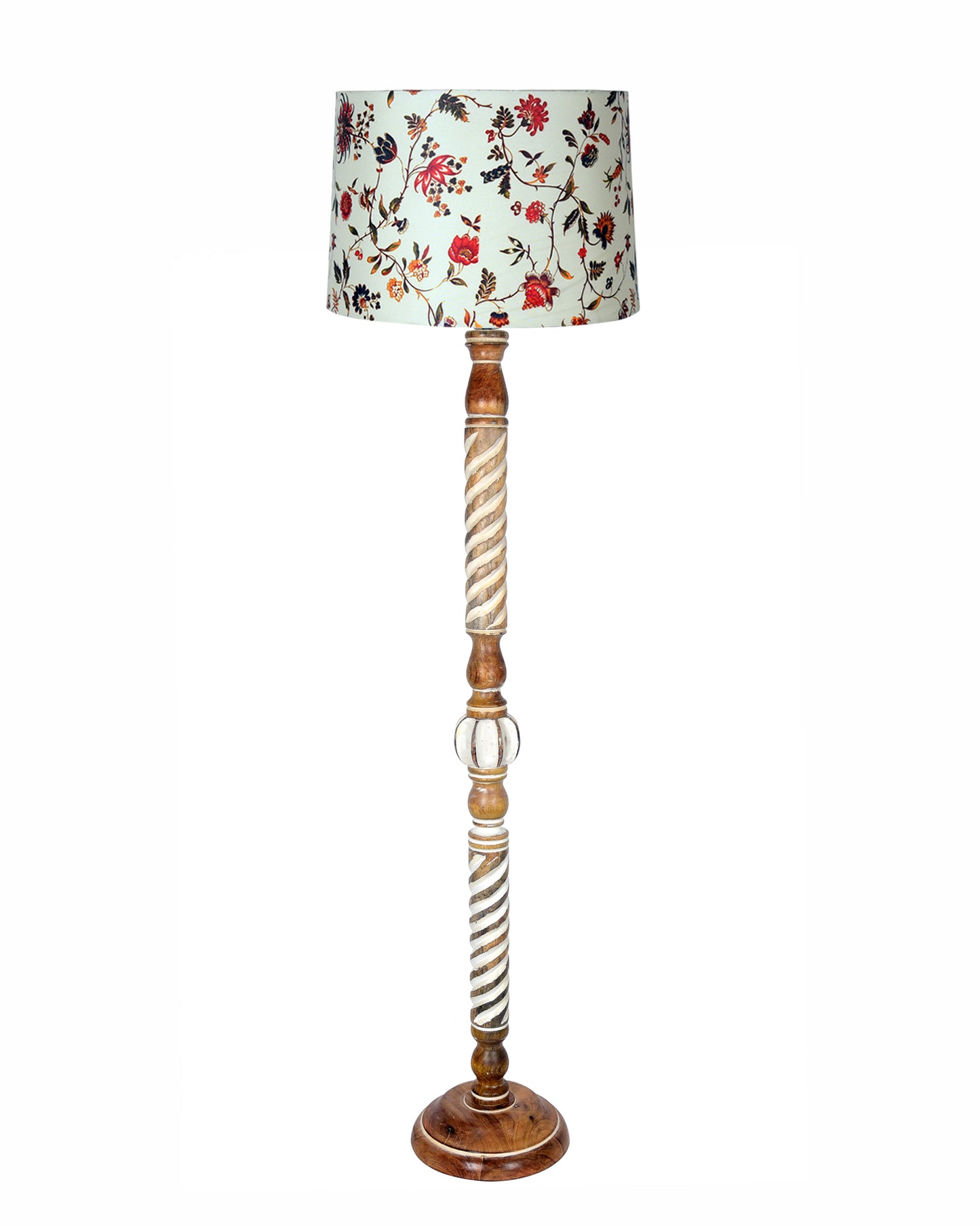 Rustic Wood Floor Lamp in Walnut Brown with Multicolor Fabric Lamp Shade | Light Decoration for Home Corner | Living Room & Bedroom Bedside Floor Lamp, Antique Floor Light, Twisted Ropes, Bird