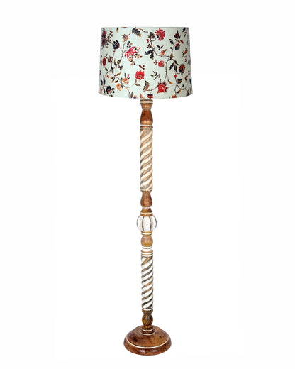 Rustic Wood Floor Lamp in Walnut Brown with Multicolor Fabric Lamp Shade | Light Decoration for Home Corner | Living Room & Bedroom Bedside Floor Lamp, Antique Floor Light, Twisted Ropes, Bird