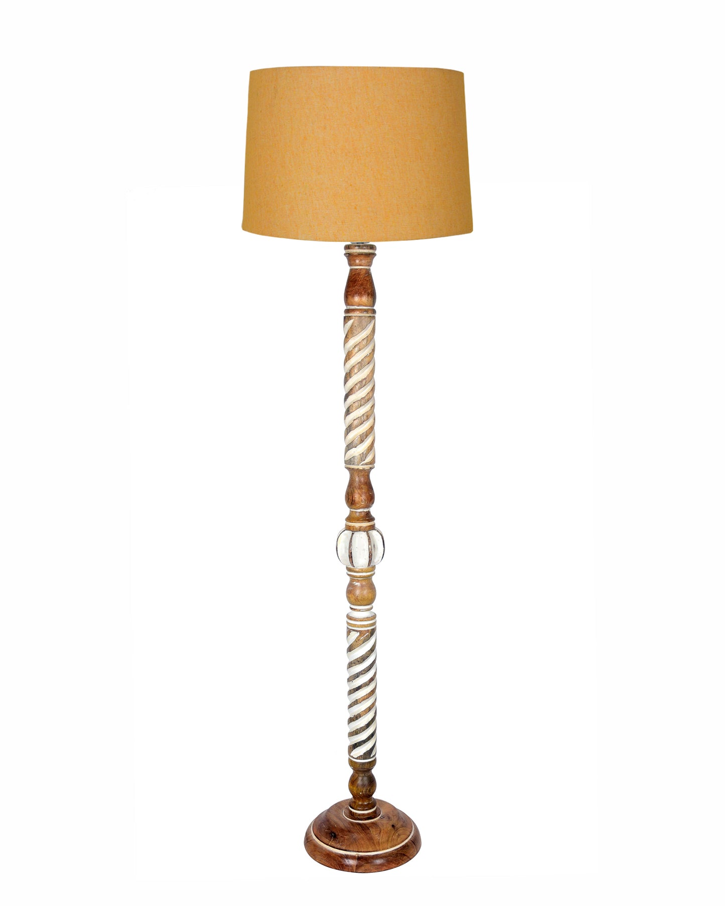 Rustic Wood Floor Lamp in Walnut Brown with Multicolor Fabric Lamp Shade | Light Decoration for Home Corner | Living Room & Bedroom Bedside Floor Lamp, Antique Floor Light, Twisted Ropes, Bird