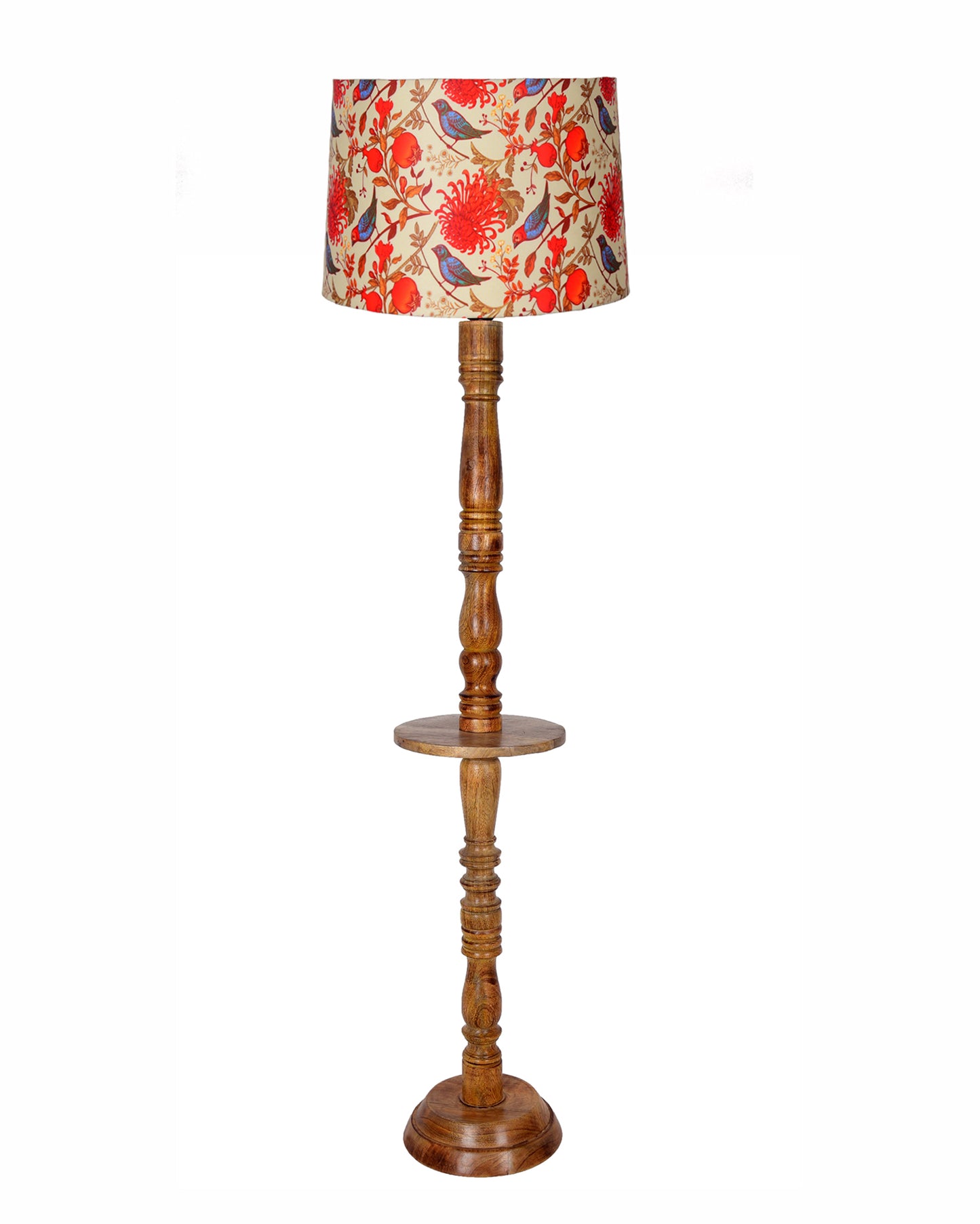 Rustic Wood Floor Lamp in Walnut Brown with Multicolor Fabric Lamp Shade | Light Decoration for Home Corner | Living Room & Bedroom Bedside Floor Lamp, Antique Floor Light, Tray End Table, Bird