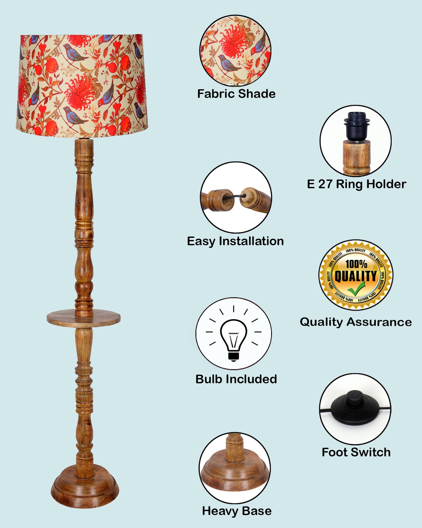 Rustic Wood Floor Lamp in Walnut Brown with Multicolor Fabric Lamp Shade | Light Decoration for Home Corner | Living Room & Bedroom Bedside Floor Lamp, Antique Floor Light, Tray End Table, Bird