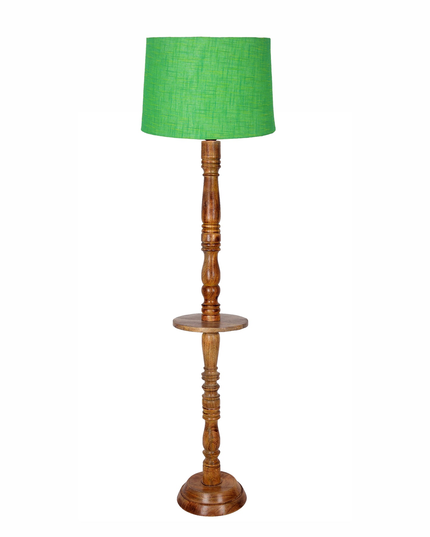 Rustic Wood Floor Lamp in Walnut Brown with Multicolor Fabric Lamp Shade | Light Decoration for Home Corner | Living Room & Bedroom Bedside Floor Lamp, Antique Floor Light, Tray End Table, Bird