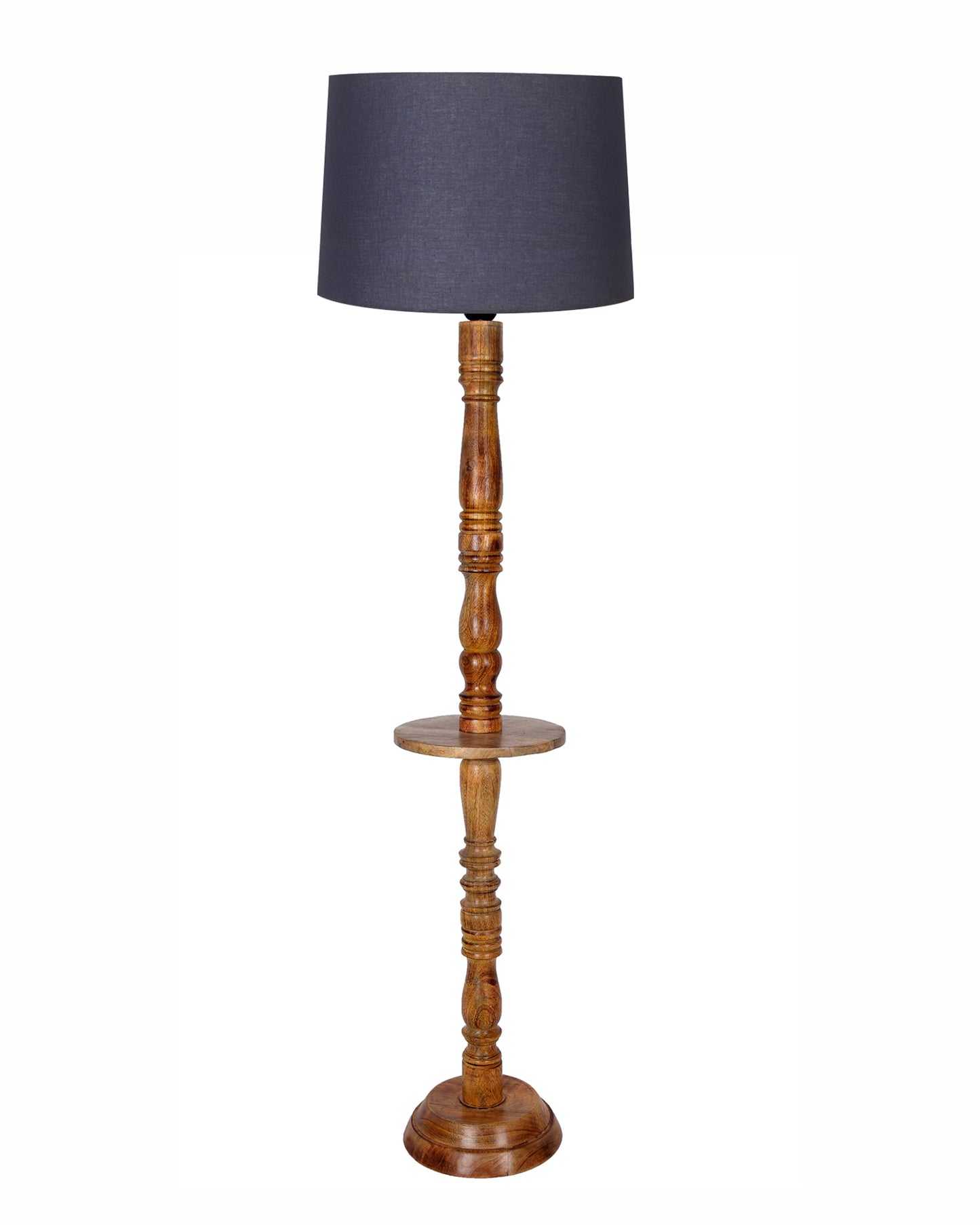 Rustic Wood Floor Lamp in Walnut Brown with Multicolor Fabric Lamp Shade | Light Decoration for Home Corner | Living Room & Bedroom Bedside Floor Lamp, Antique Floor Light, Tray End Table, Bird