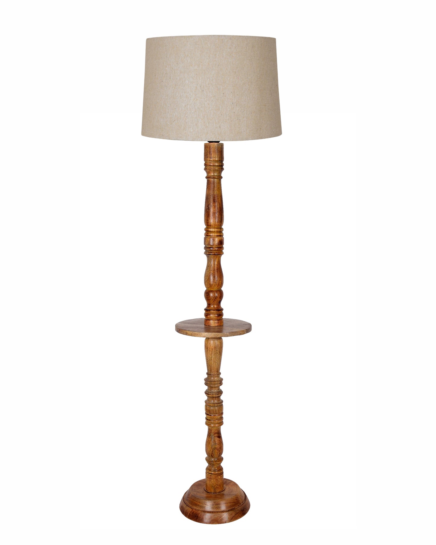 Rustic Wood Floor Lamp in Walnut Brown with Multicolor Fabric Lamp Shade | Light Decoration for Home Corner | Living Room & Bedroom Bedside Floor Lamp, Antique Floor Light, Tray End Table, Bird